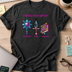 Black programmer shirt printed with "Data analytics weapon", a funny developer t-shirt and coding gift for software engineers and coders.