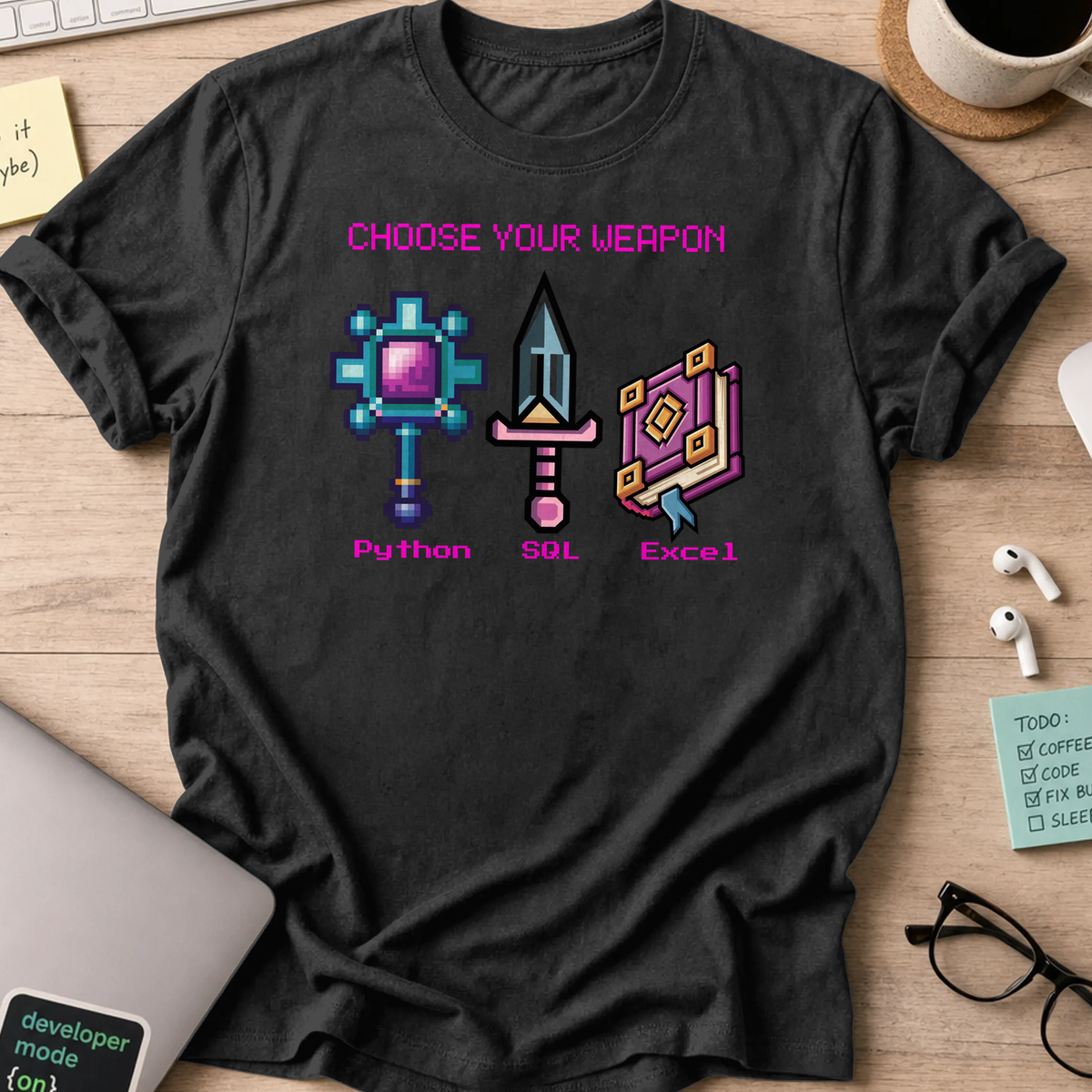 Black programmer shirt printed with "Data analytics weapon", a funny developer t-shirt and coding gift for software engineers and coders.