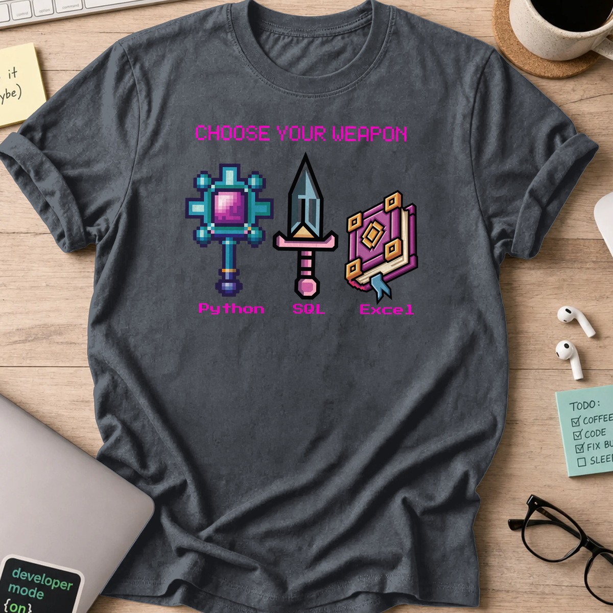 Dark Heather programmer shirt printed with "Data analytics weapon", a funny developer t-shirt and coding gift for software engineers and coders.