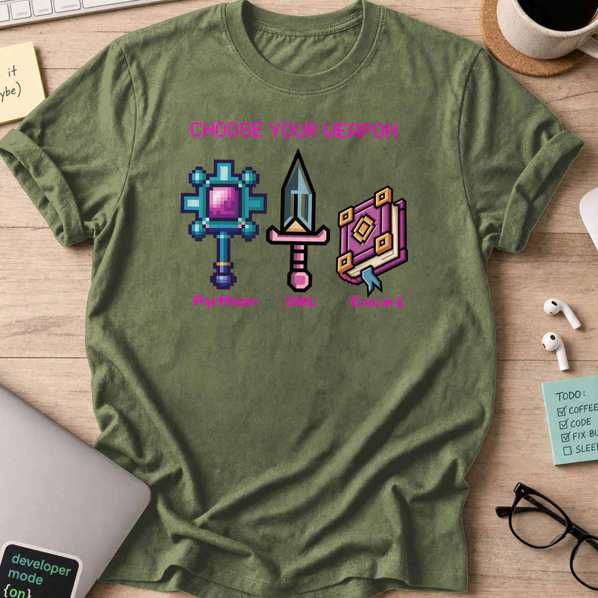 Military Green programmer shirt printed with "Data analytics weapon", a funny developer t-shirt and coding gift for software engineers and coders.