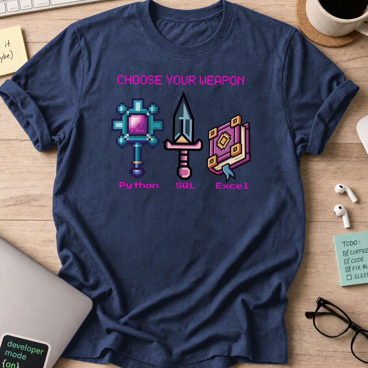 Navy programmer shirt printed with "Data analytics weapon", a funny developer t-shirt and coding gift for software engineers and coders.
