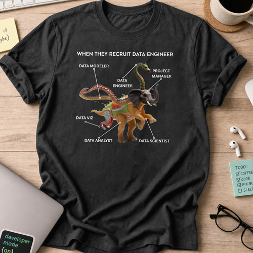 Black programmer shirt printed with "data engineer expectations", a funny developer t-shirt and coding gift for software engineers and coders.