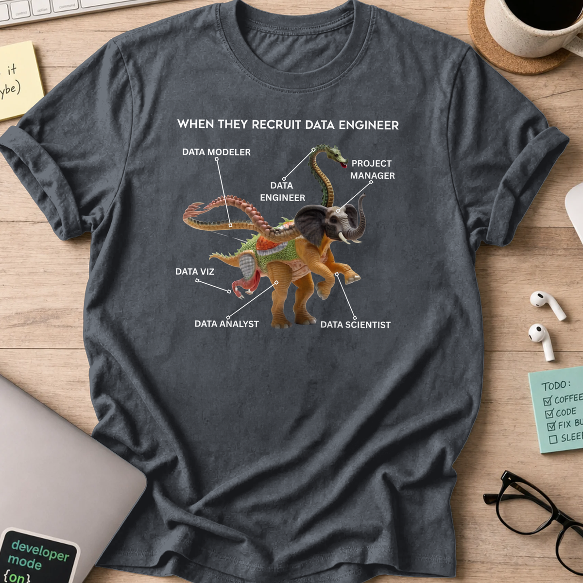 Dark Heather Grey programmer shirt printed with "data engineer expectations", a funny developer t-shirt and coding gift for software engineers.