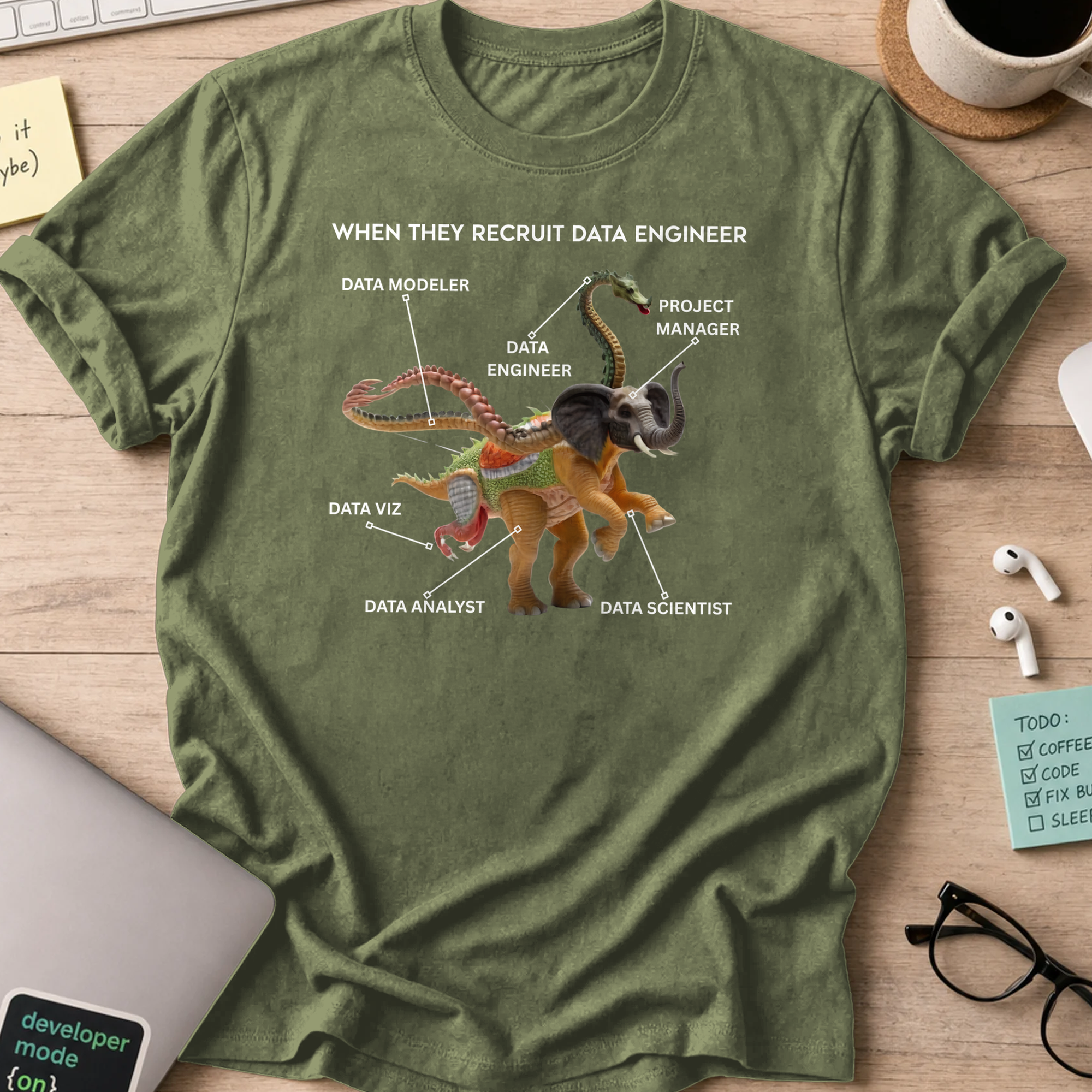Military Green programmer shirt printed with "data engineer expectations", a funny developer t-shirt and coding gift for software engineers.