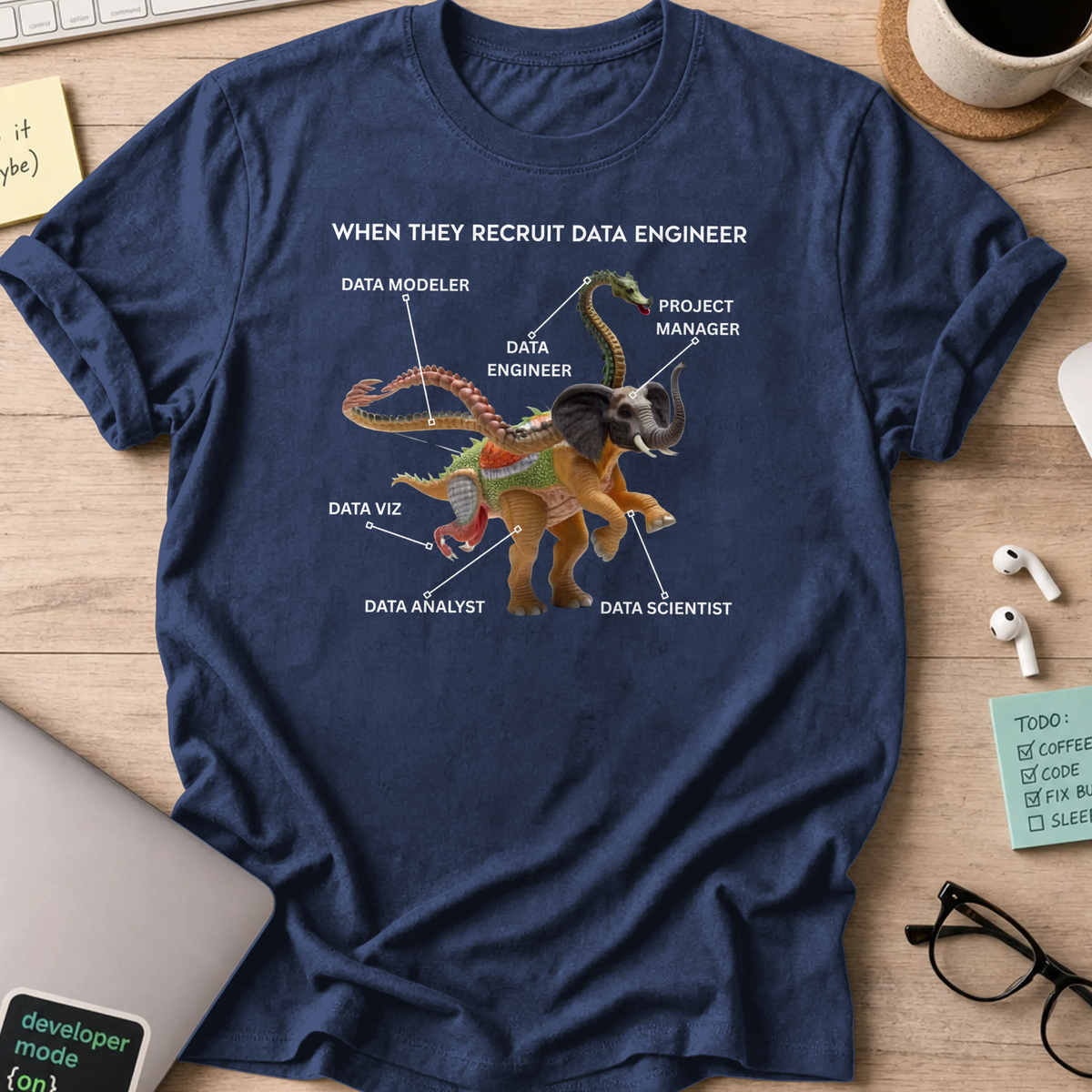 Navy programmer shirt printed with "data engineer expectations", a funny developer t-shirt and coding gift for software engineers and coders.