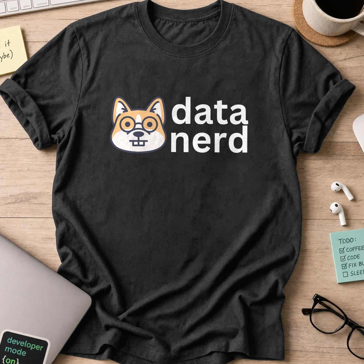 Black programmer shirt printed with "data nerd doggie" and a dog graphic, a funny developer t-shirt and coding gift for software engineers and coders.