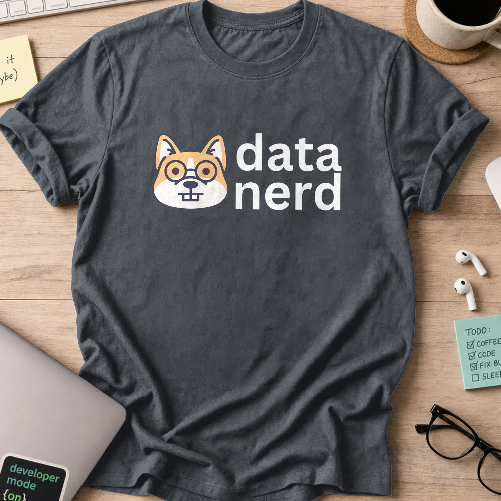 Dark Heather Grey programmer shirt printed with "data nerd doggie" and a dog graphic, a funny developer t-shirt and gift for developers.