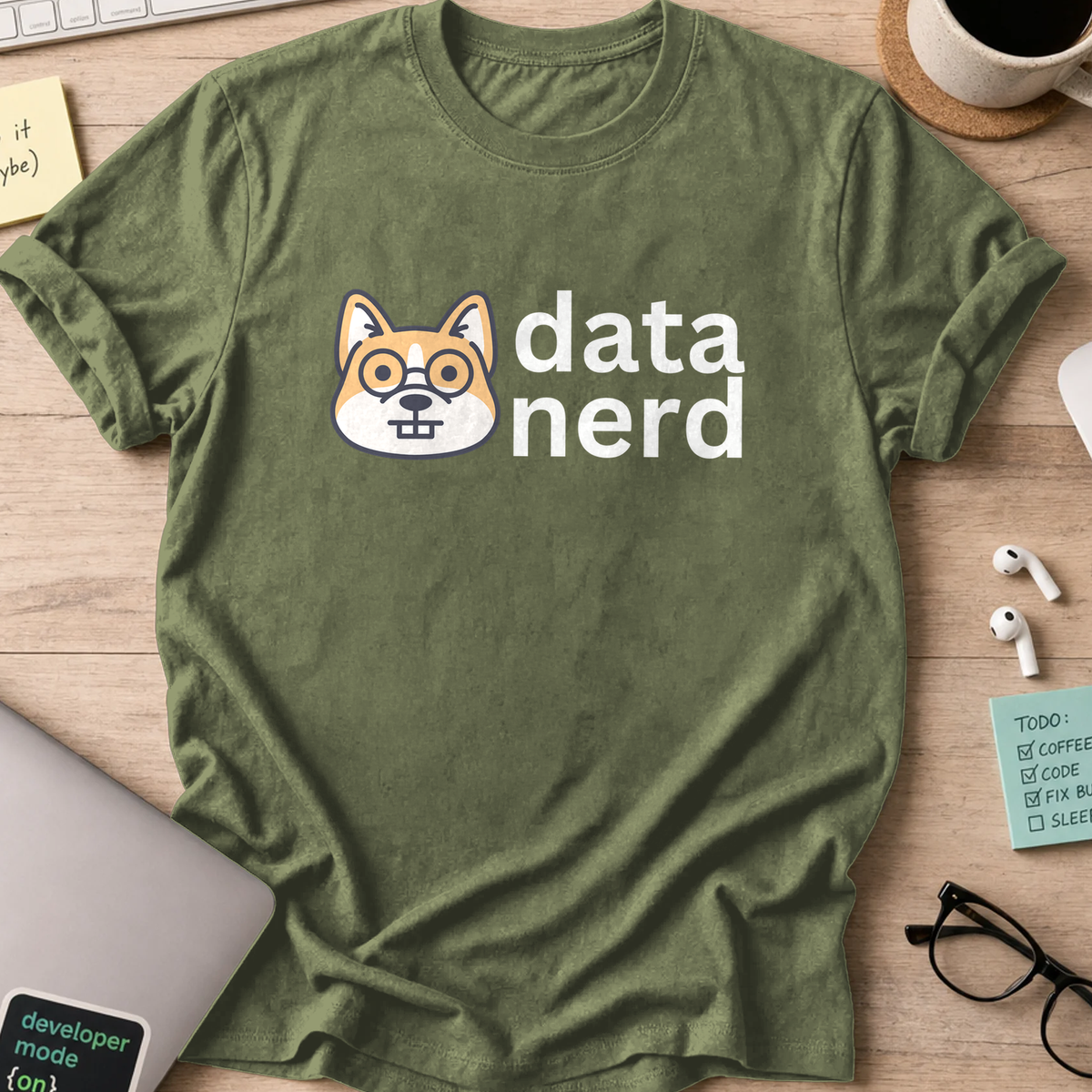Military Green programmer shirt printed with "data nerd doggie" and a dog graphic, a funny developer t-shirt and coding gift for software engineers.