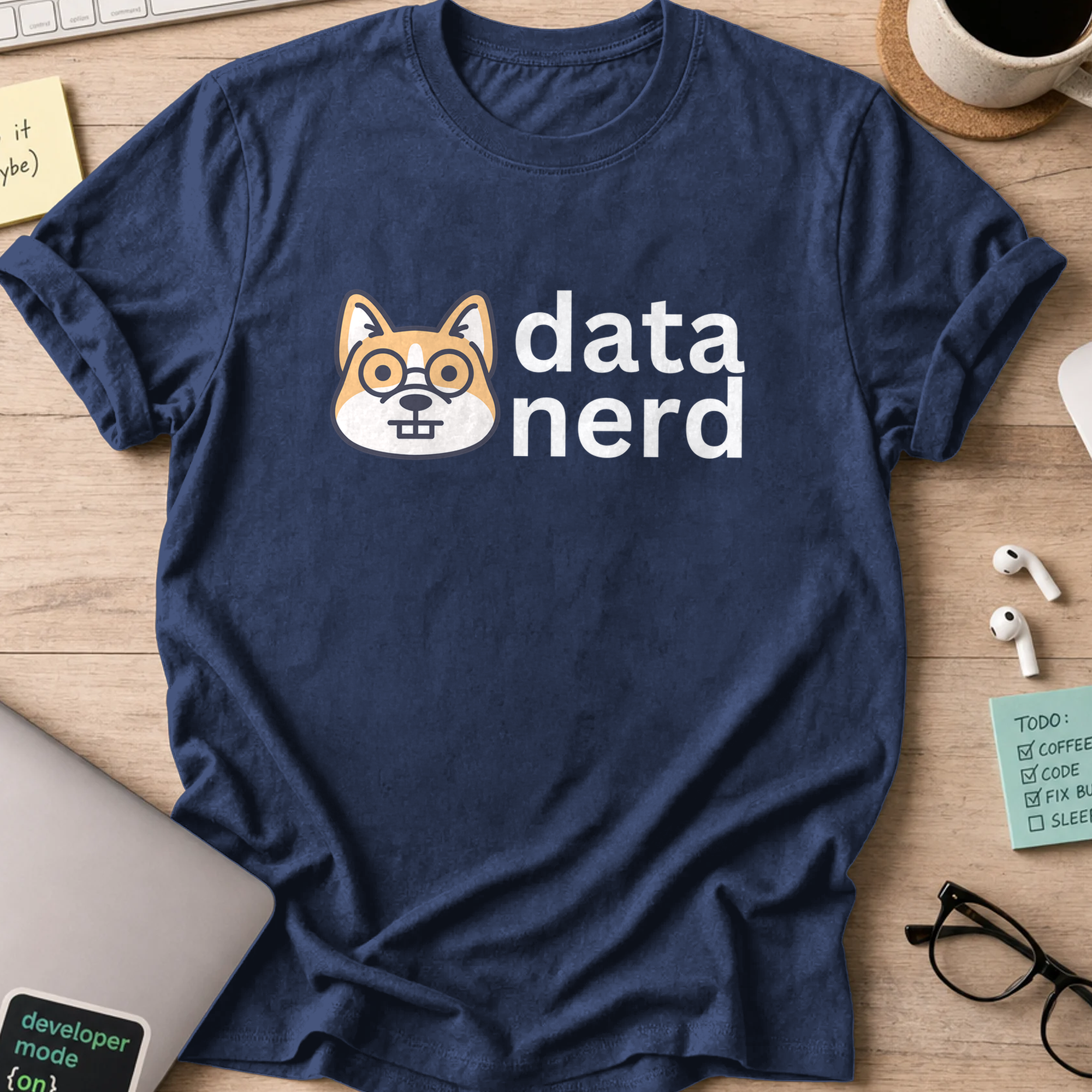 Navy programmer shirt printed with "data nerd doggie" and a dog graphic, a funny developer t-shirt and coding gift for software engineers and coders.
