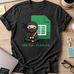 Black coding shirt printed with "data ninja sheet", a funny developer t-shirt and developer gift for data analysts and scientists.