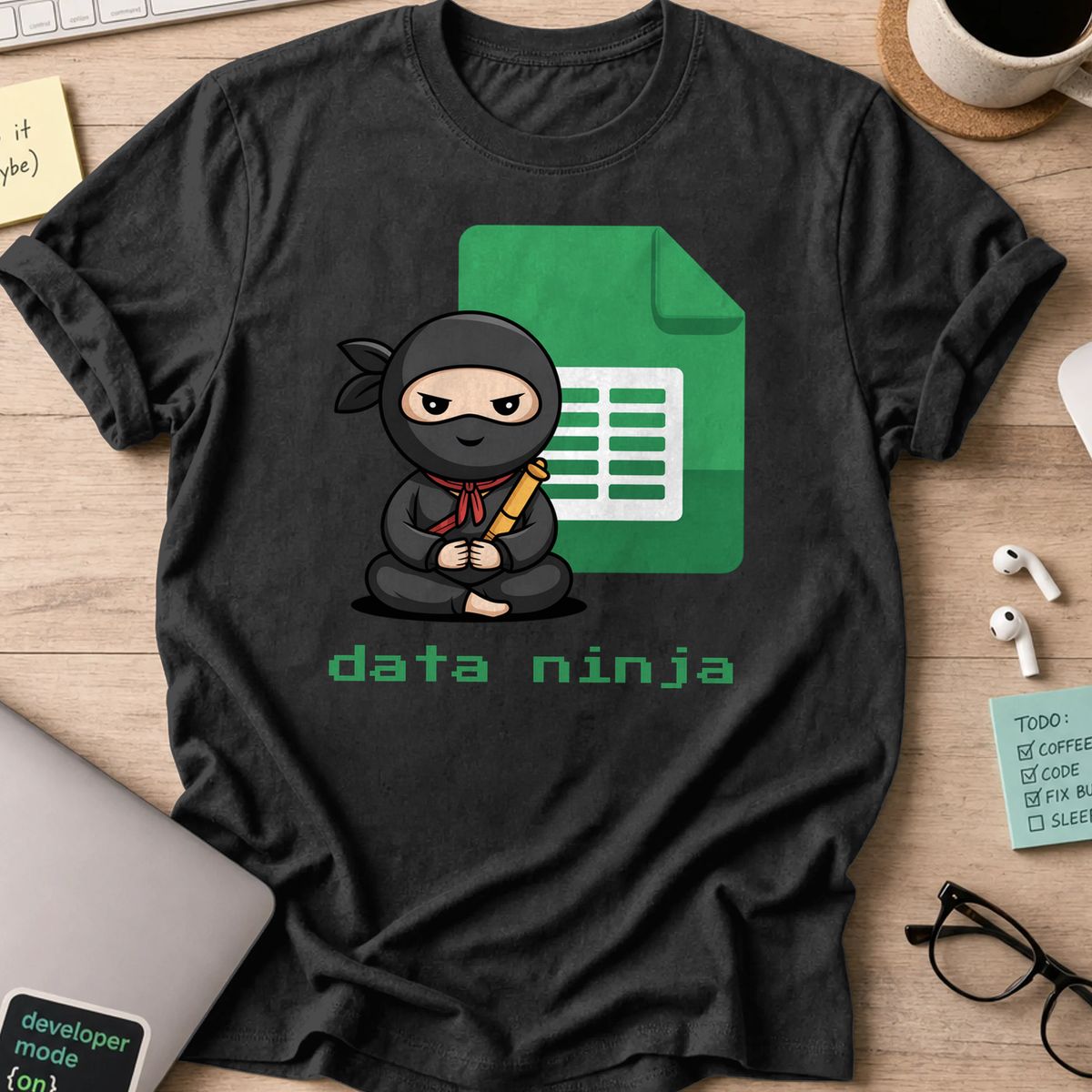 Black coding shirt printed with "data ninja sheet", a funny developer t-shirt and developer gift for data analysts and scientists.