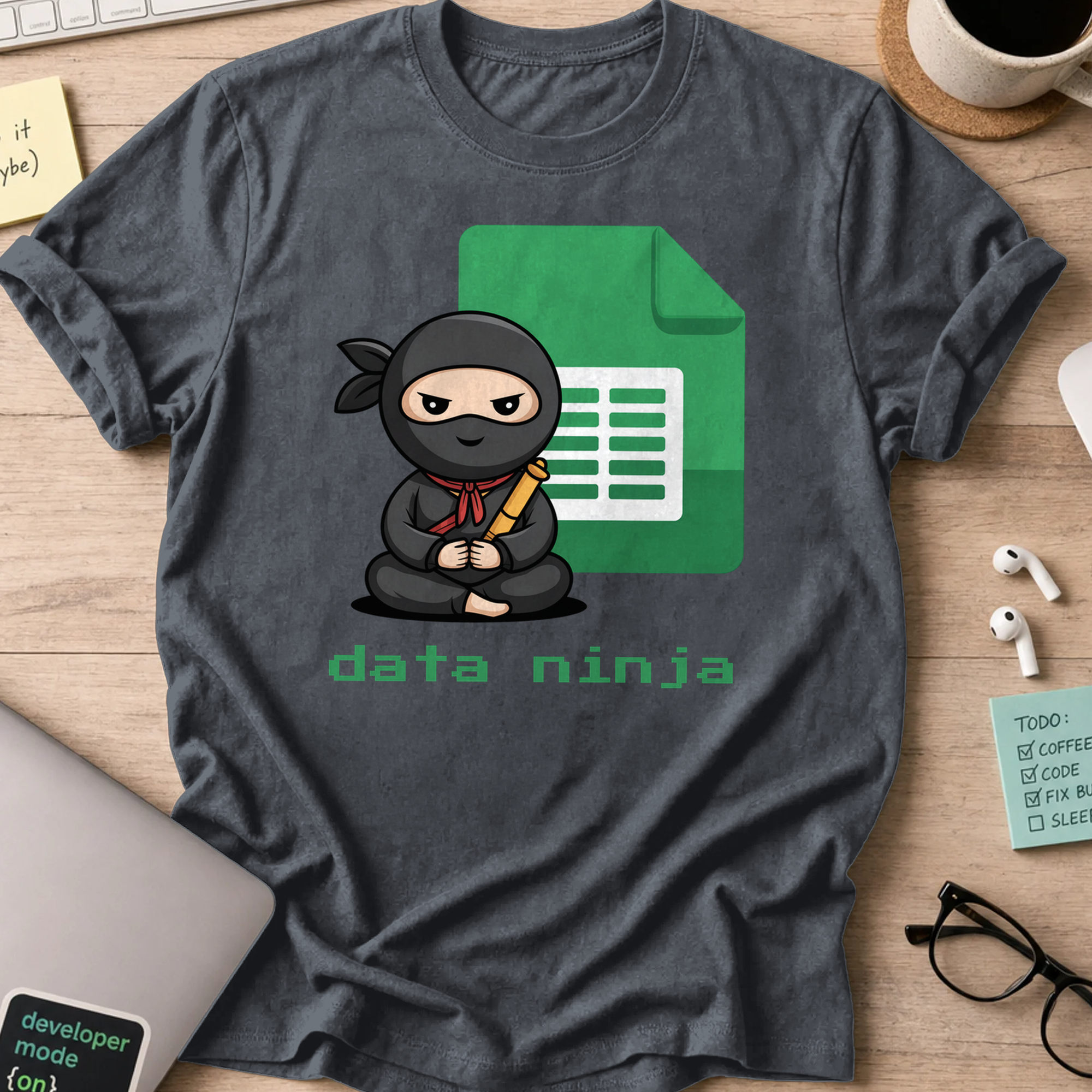 Dark Heather Grey coding shirt printed with "data ninja sheet", a funny developer t-shirt and developer gift for data analysts and scientists.