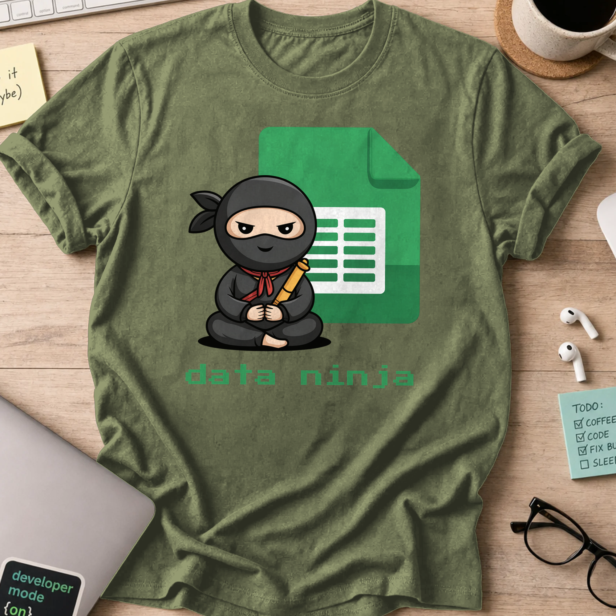 Military Green coding shirt printed with "data ninja sheet", a funny developer t-shirt and developer gift for data analysts and scientists.