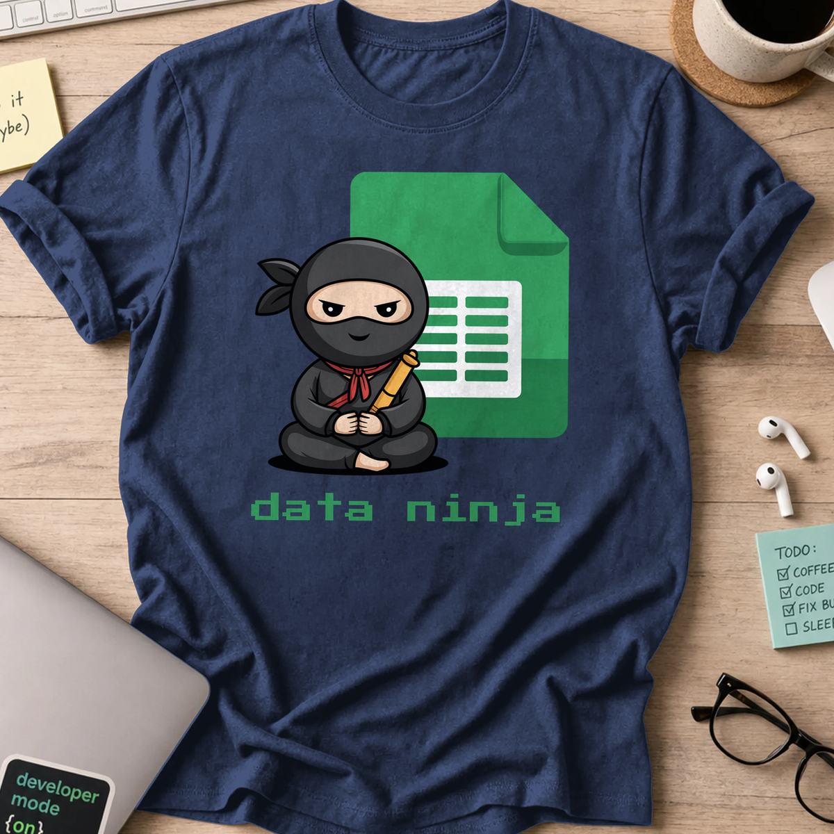 Navy coding shirt printed with "data ninja sheet", a funny developer t-shirt and developer gift for data analysts and scientists.