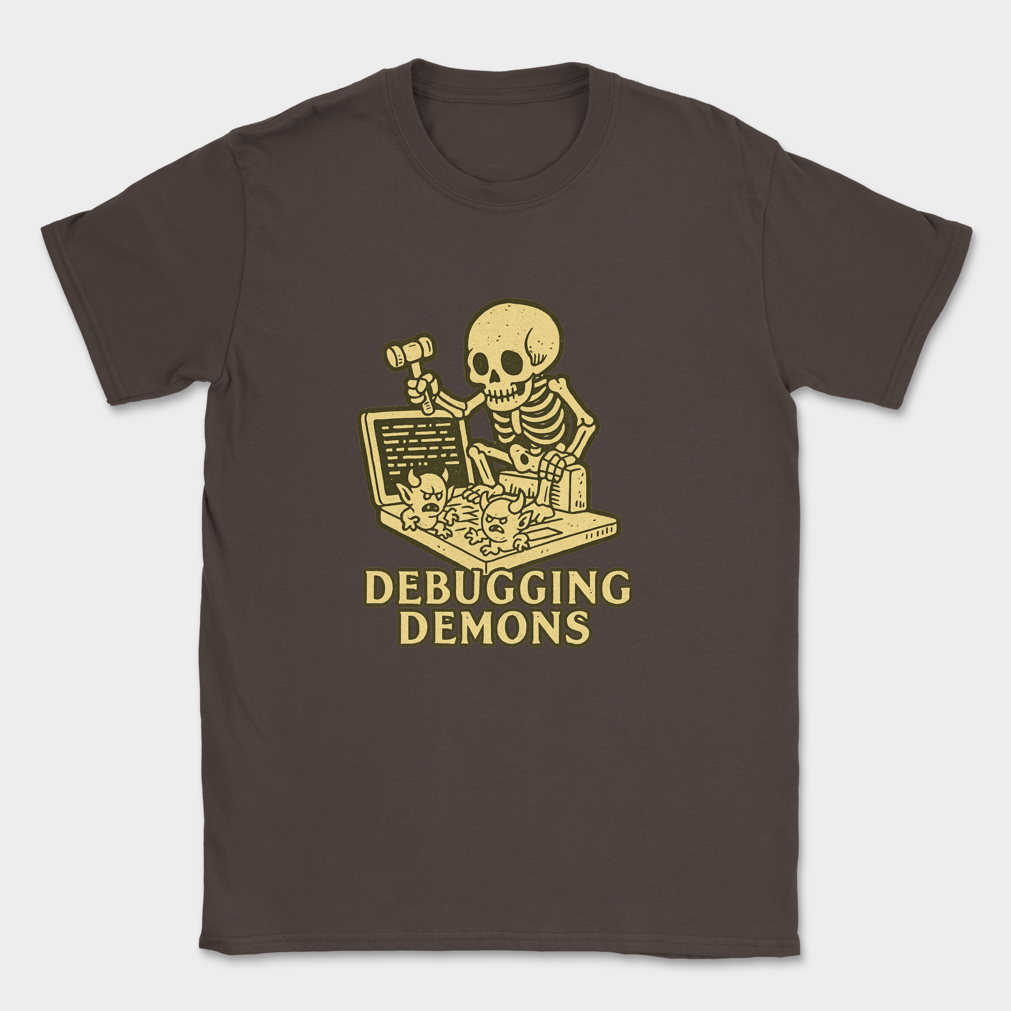 debugging demons shirt — Dark Chocolate