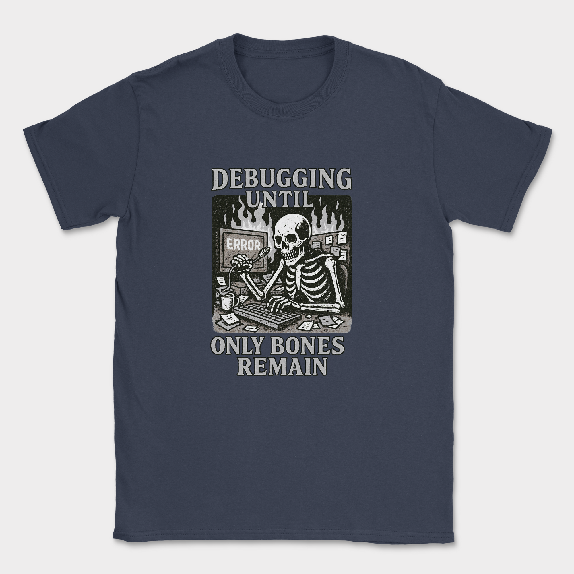 debugging until only bones remain skeleton shirt — Navy
