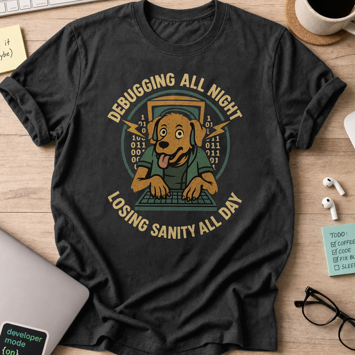 Black programmer shirt printed with "debugging all night losing sanity all day", a funny developer t-shirt and coding gift for software engineers.