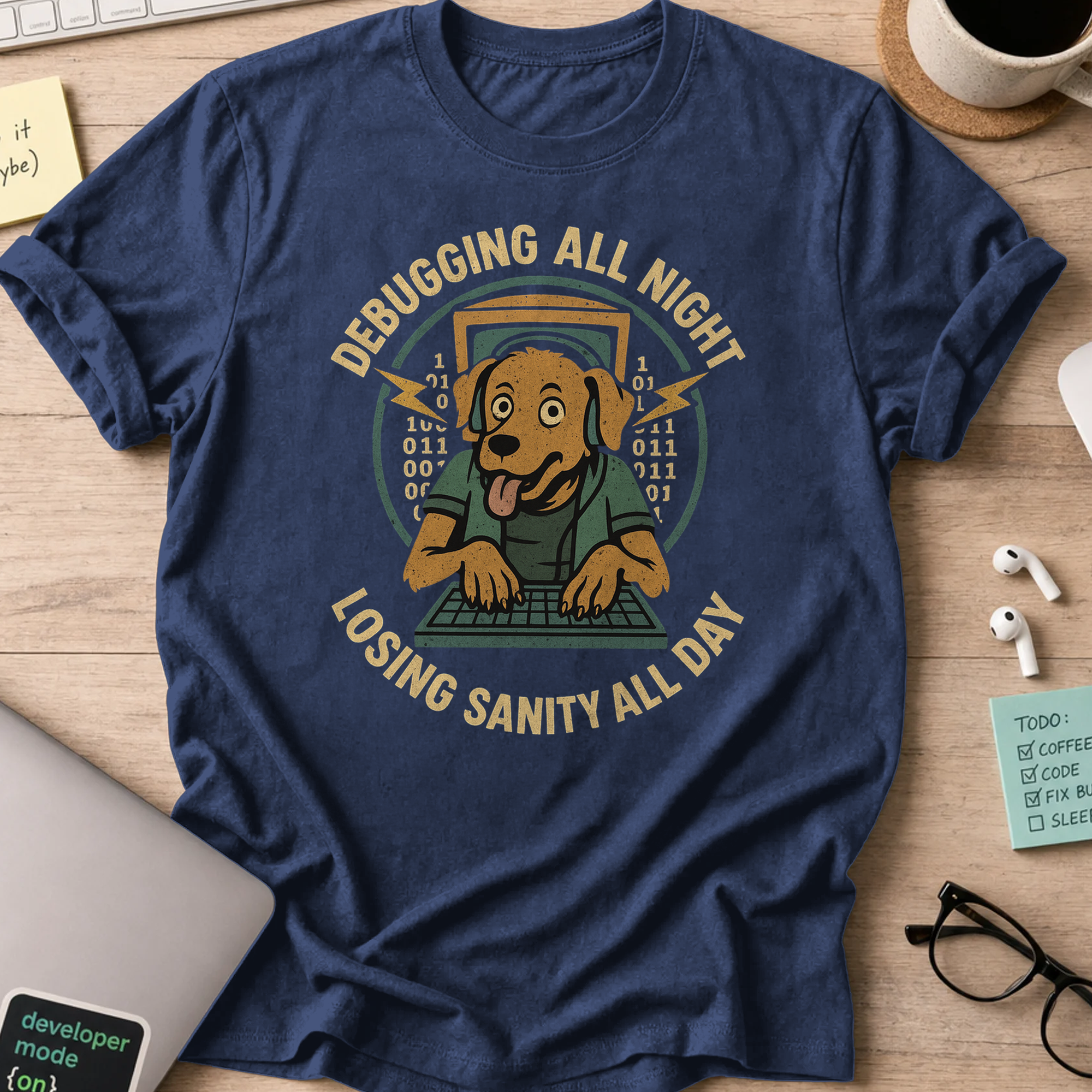 Navy programmer shirt printed with "debugging all night losing sanity all day", a funny developer t-shirt and coding gift for software engineers.