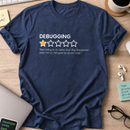 Navy programmer shirt printed with "debugging review", a funny developer t-shirt and coding gift for software engineers and coders.