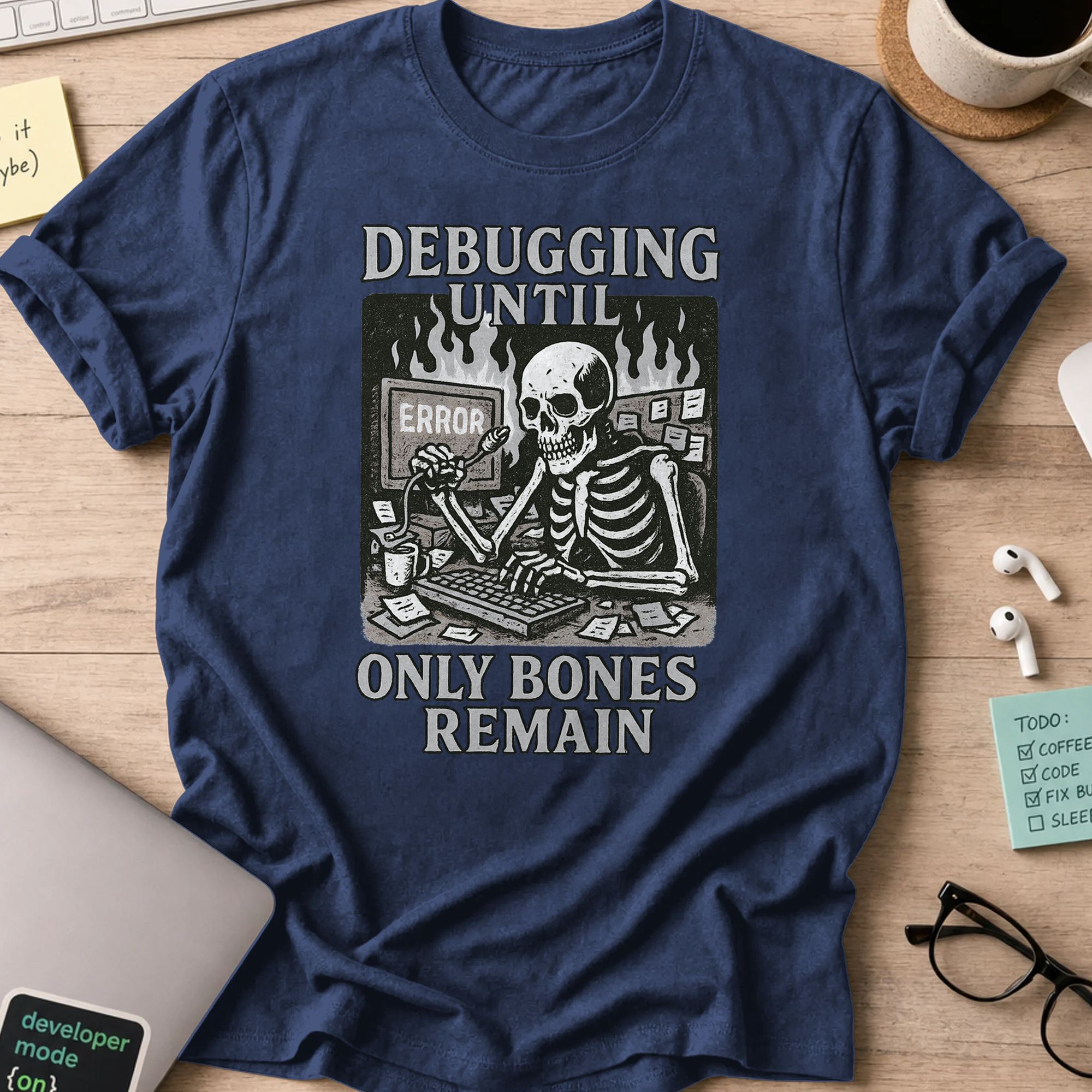 debugging until only bones remain skeleton shirt - Navy