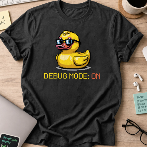 Black programmer shirt printed with "Debug mode: ON", a funny developer t-shirt and coding gift for software engineers and coders.