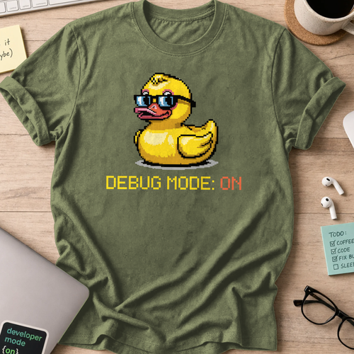 Military Green programmer shirt printed with "Debug mode: ON", a funny developer t-shirt and coding gift for software engineers and coders.