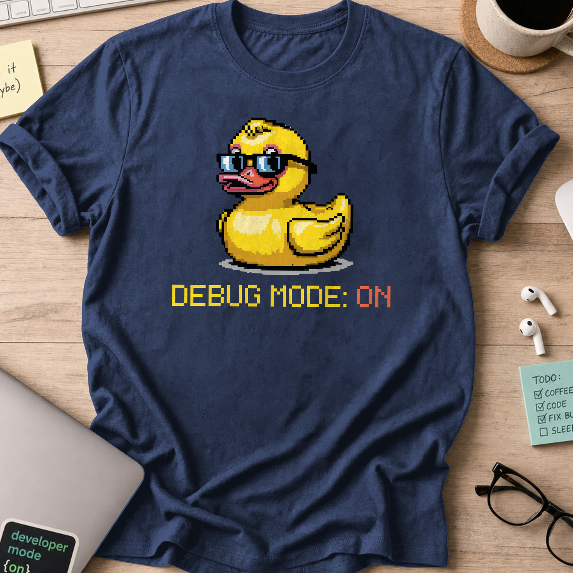 Navy programmer shirt printed with "Debug mode: ON", a funny developer t-shirt and coding gift for software engineers and coders.