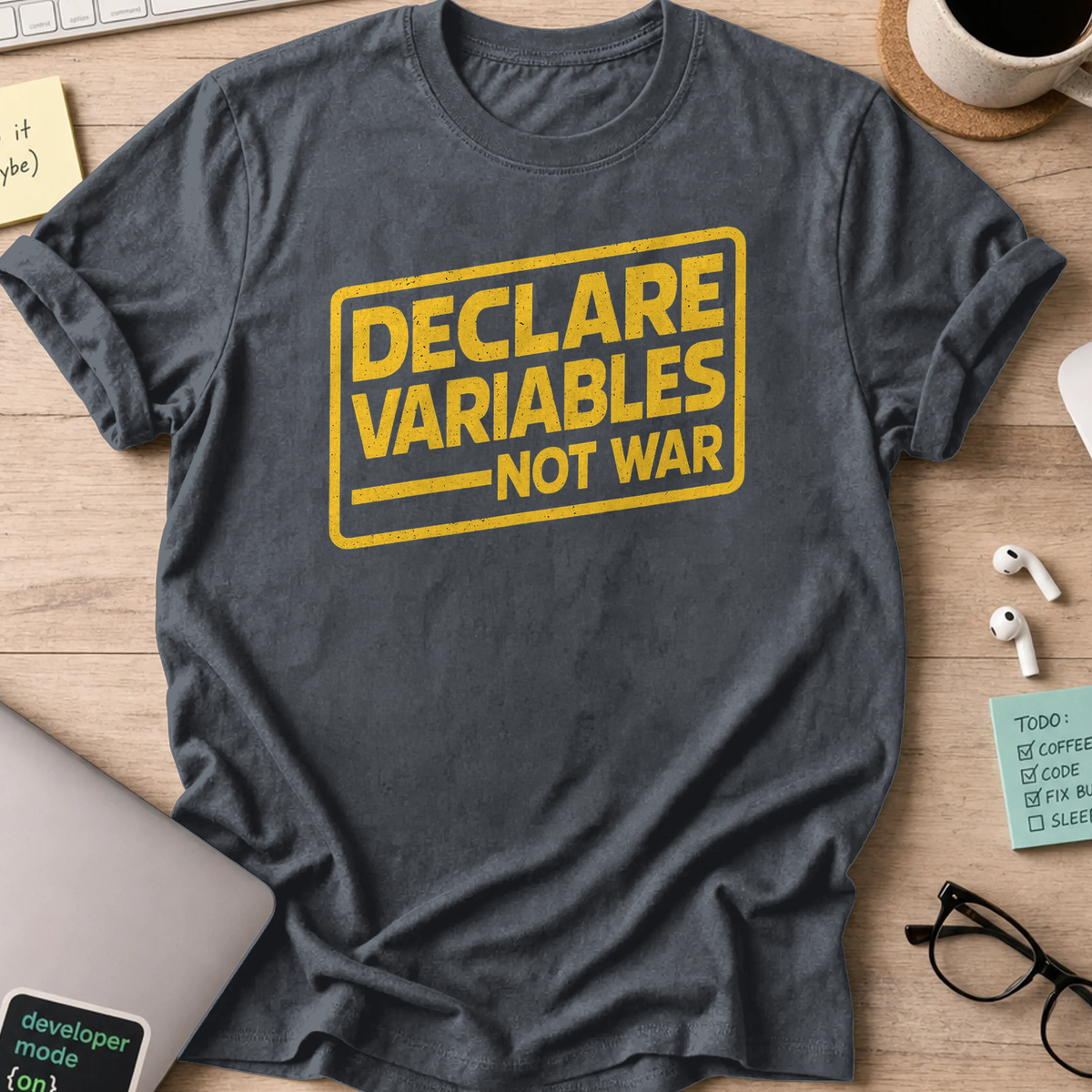 Dark Heather Grey programmer shirt printed with "declare variables", a funny developer t-shirt and coding gift for software engineers and coders.