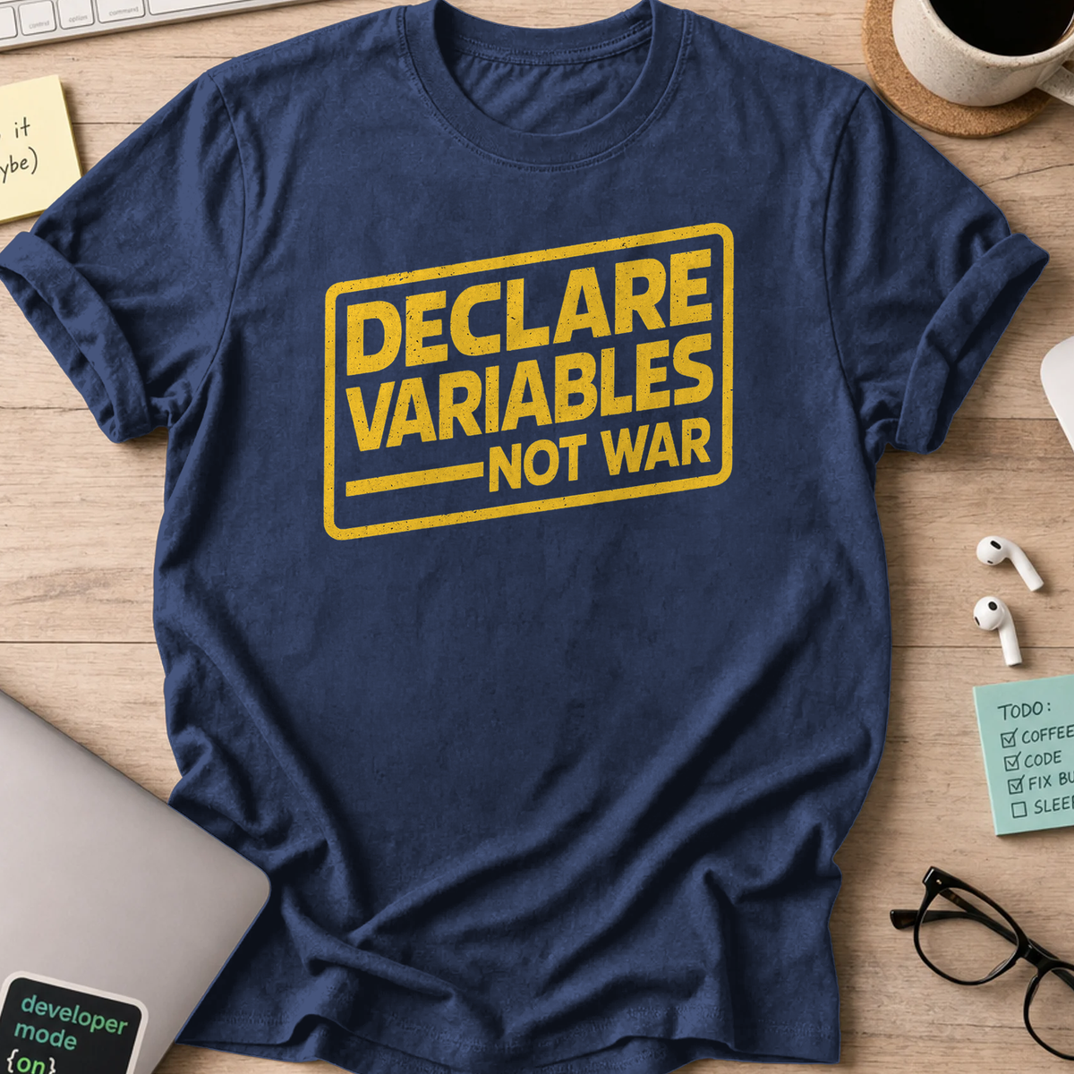 Navy programmer shirt printed with "declare variables", a funny developer t-shirt and coding gift for software engineers and coders.
