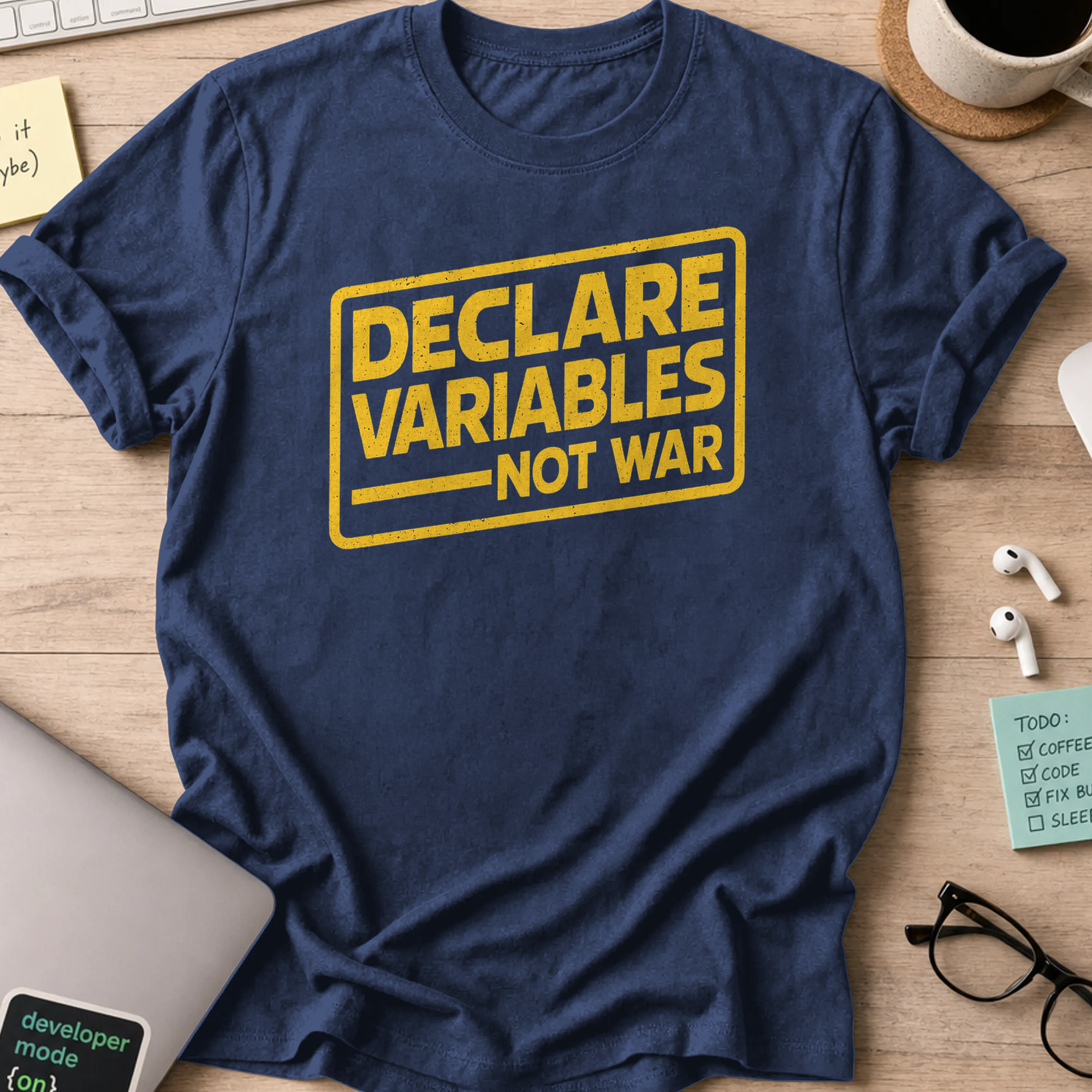 Navy programmer shirt printed with "declare variables", a funny developer t-shirt and coding gift for software engineers and coders.
