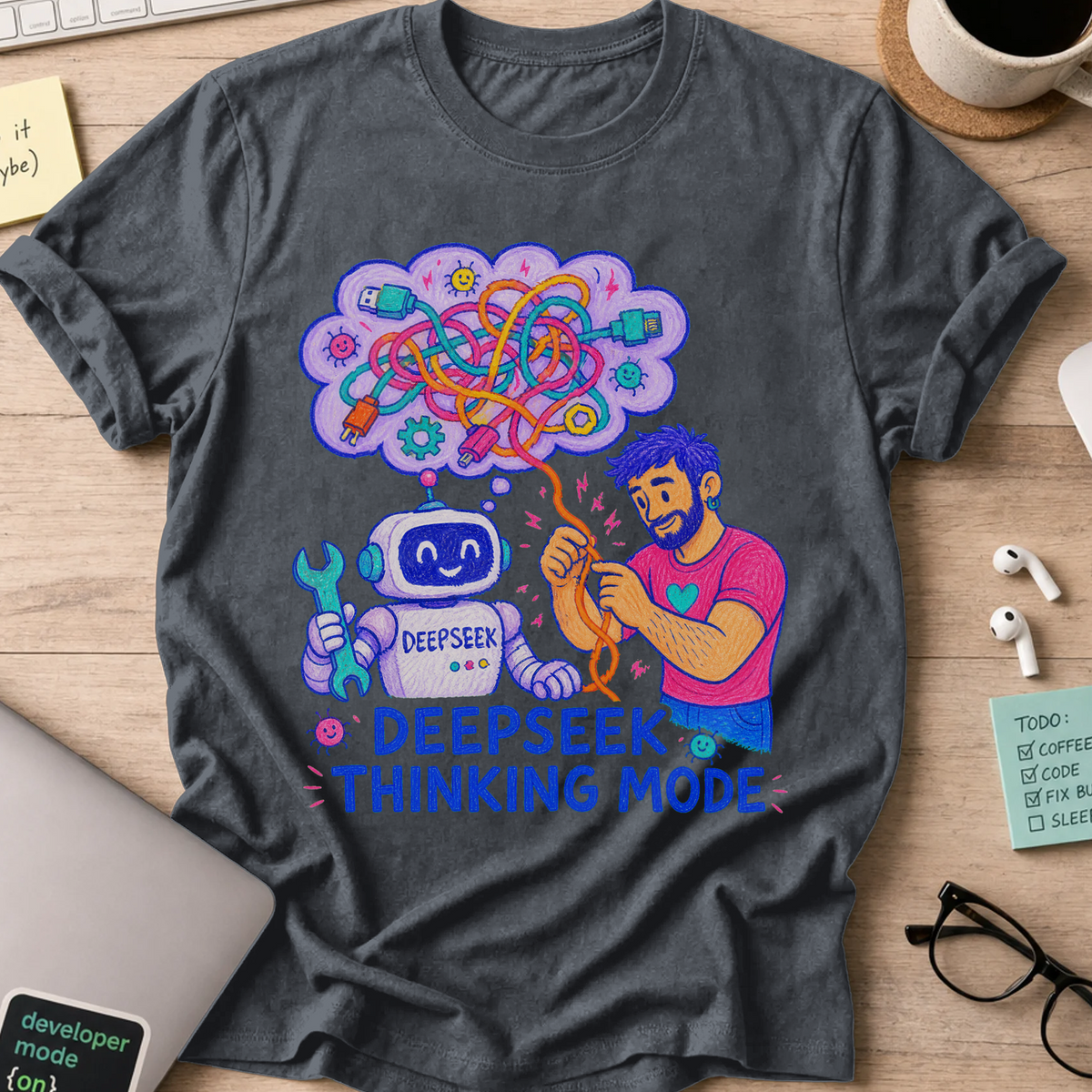 DeepSeek Thinking Mode Shirt — Dark Heather storefront mockup