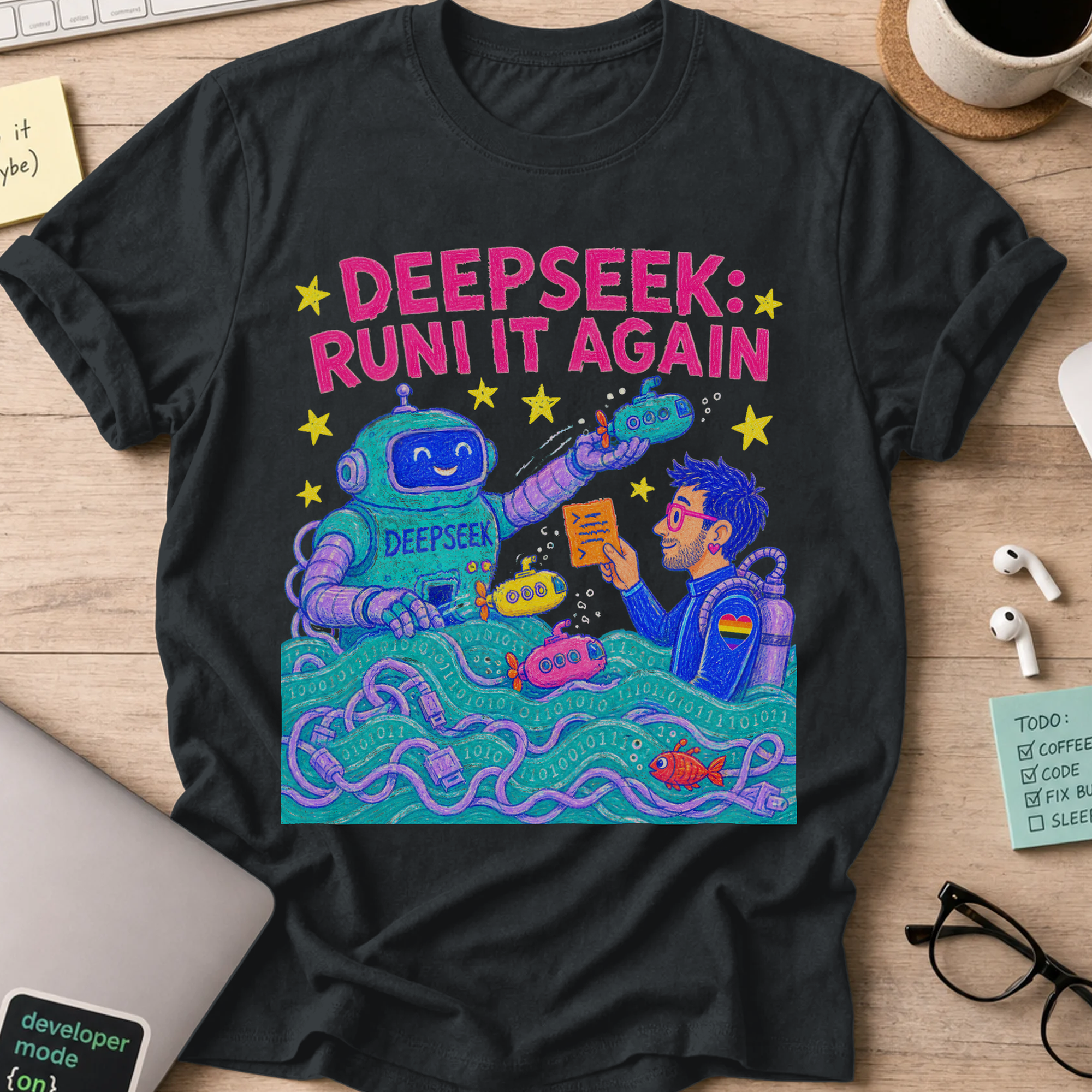 DeepSeek: Run It Again Shirt — Black storefront mockup