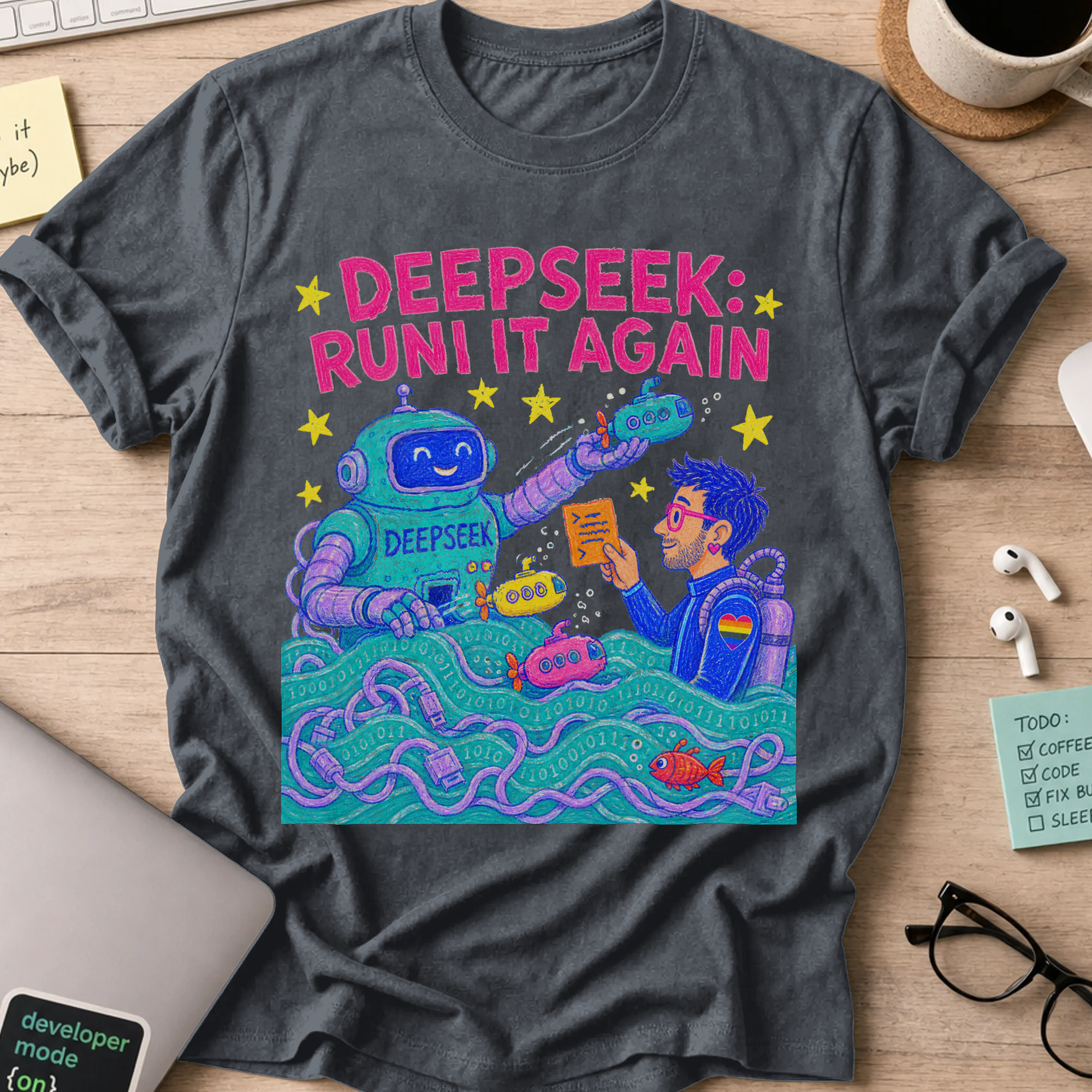 DeepSeek: Run It Again Shirt — Dark Heather storefront mockup