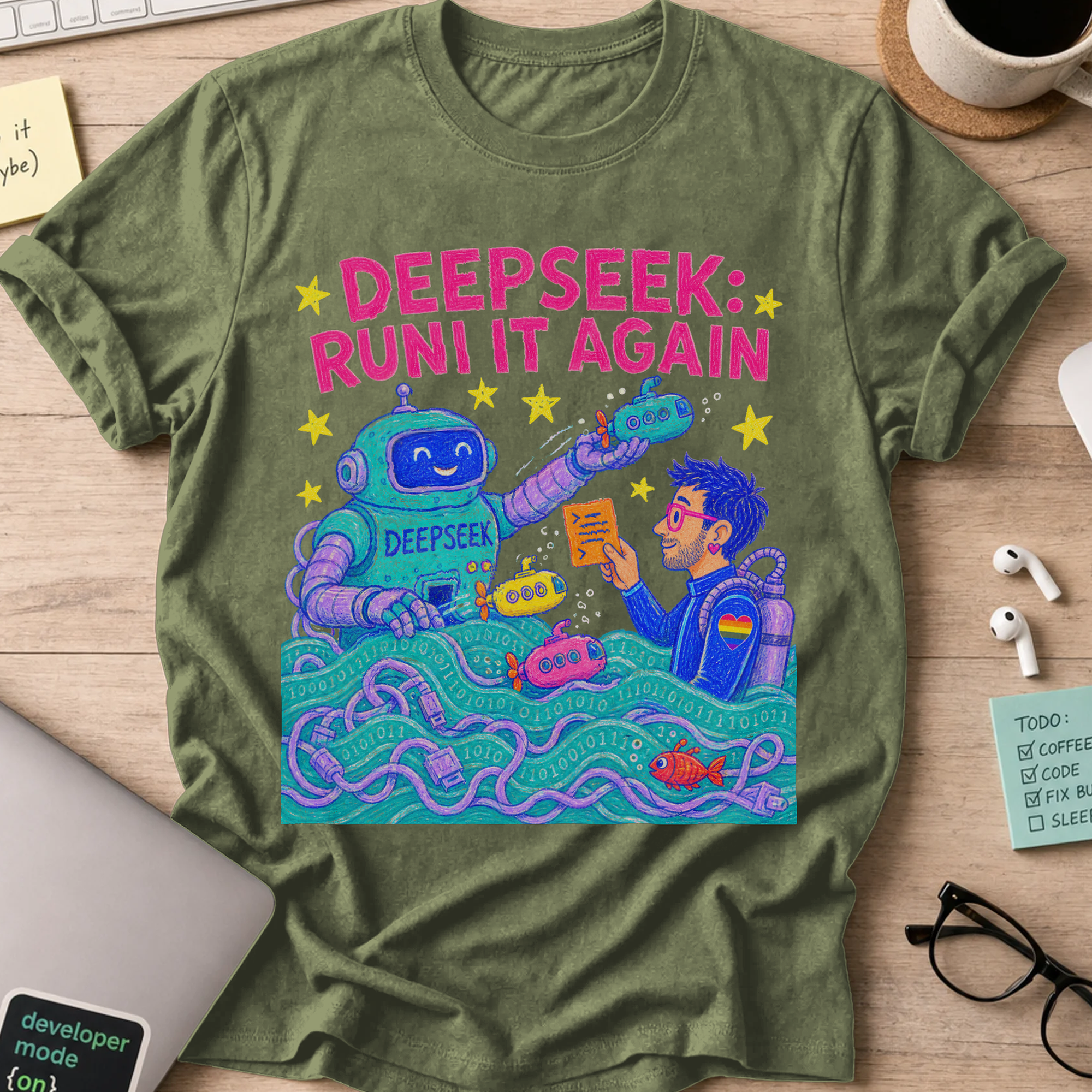 DeepSeek: Run It Again Shirt — Military Green storefront mockup