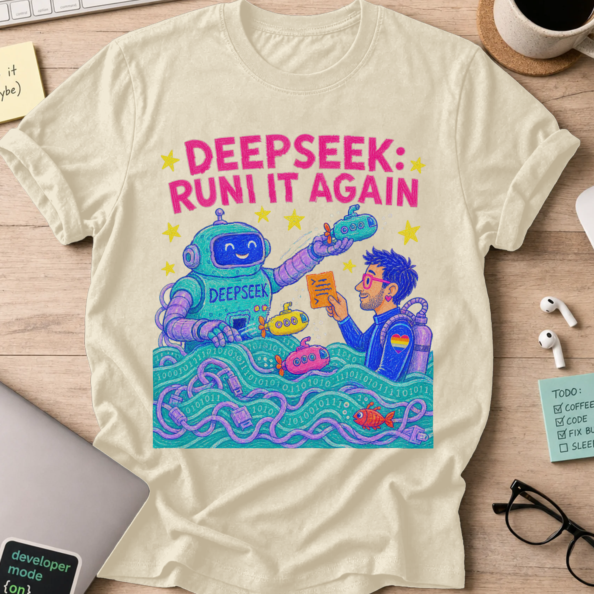 DeepSeek: Run It Again Shirt — Natural storefront mockup