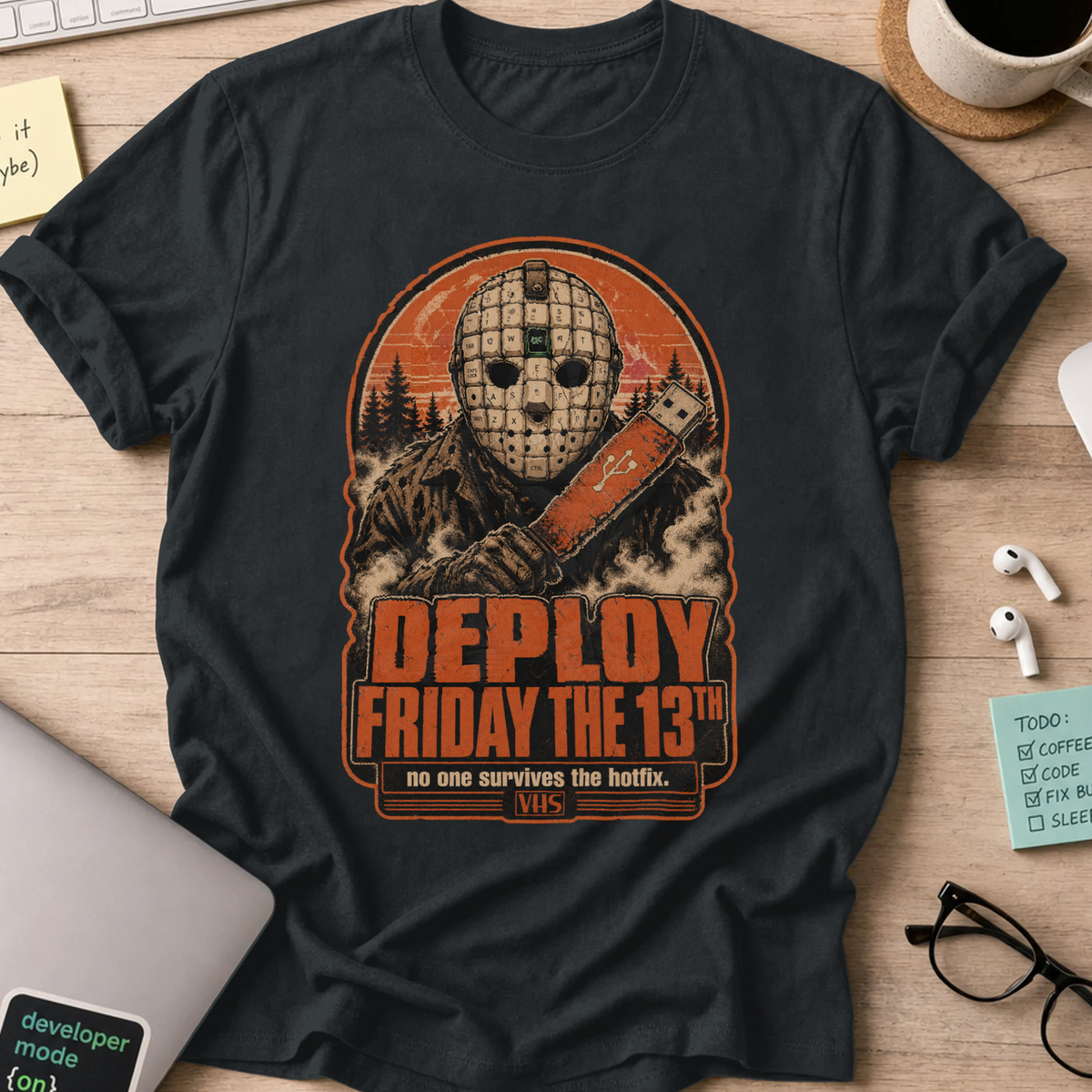Deploy Friday the 13th Shirt — Black storefront mockup