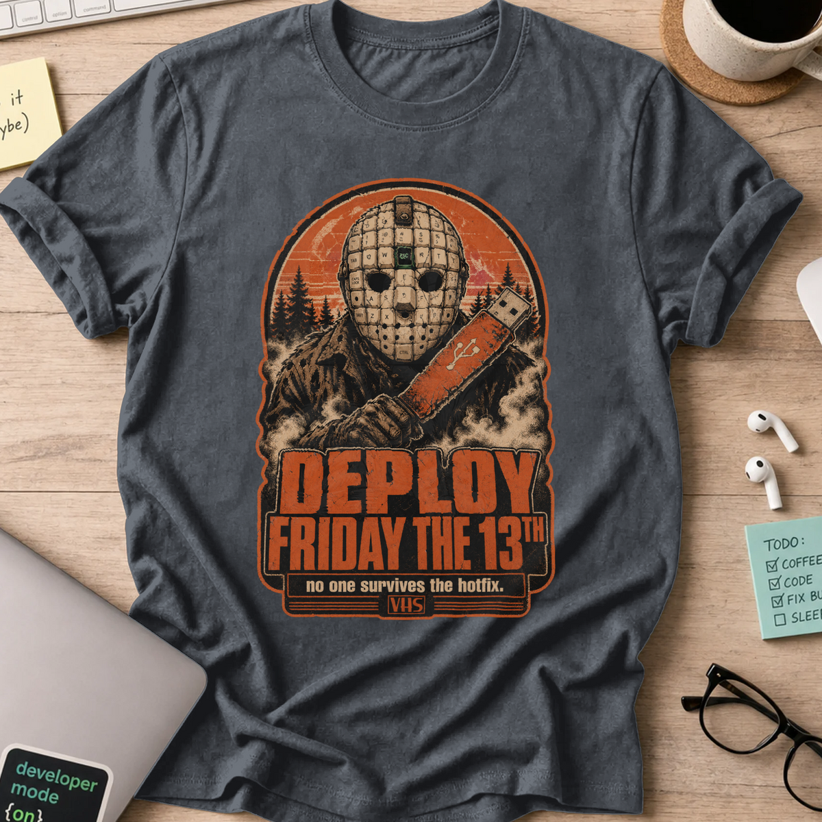 Deploy Friday the 13th Shirt — Dark Heather storefront mockup