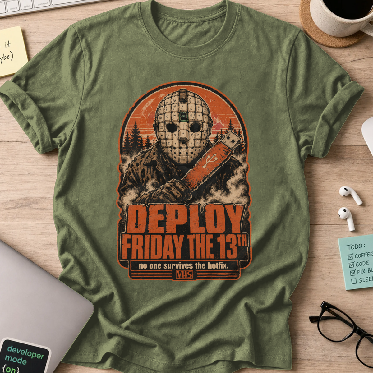 Deploy Friday the 13th Shirt — Military Green storefront mockup