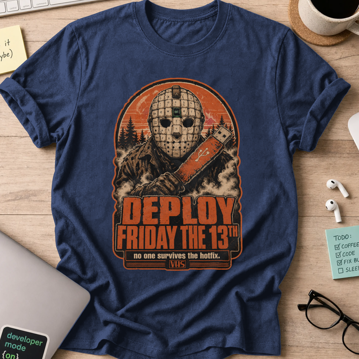 Deploy Friday the 13th Shirt — Navy storefront mockup