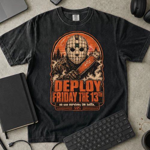 Deploy Friday the 13th Shirt — Black Comfort Colors 1717 flat lay