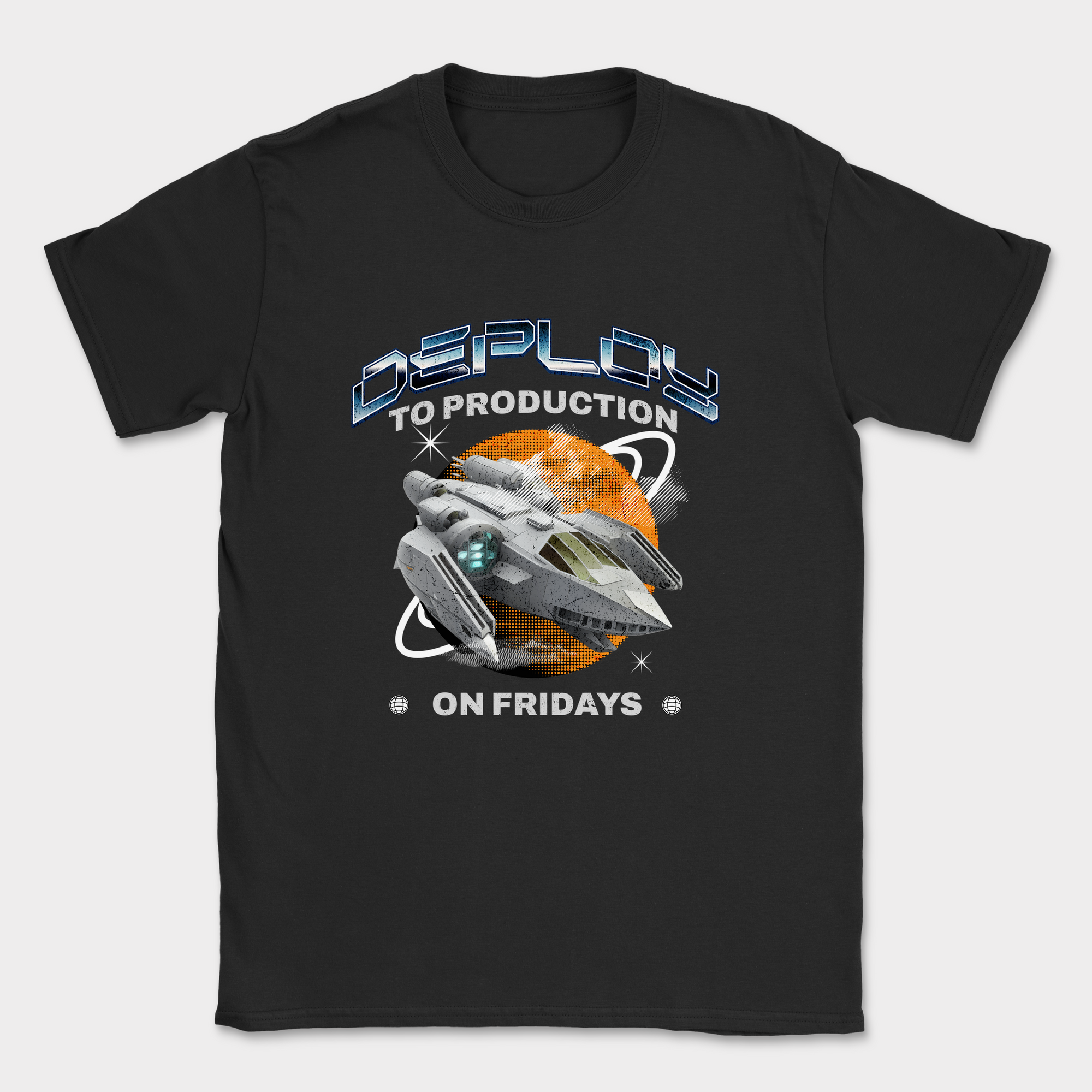 deploy to production spaceship shirt — Black