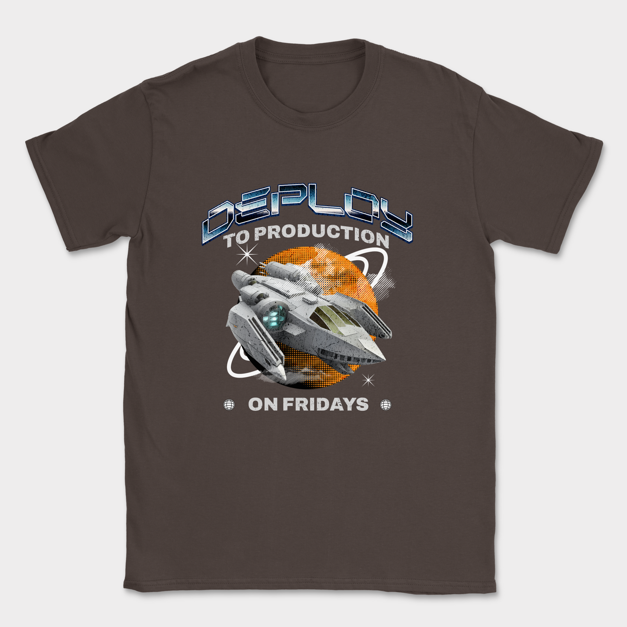 deploy to production spaceship shirt — Dark Chocolate