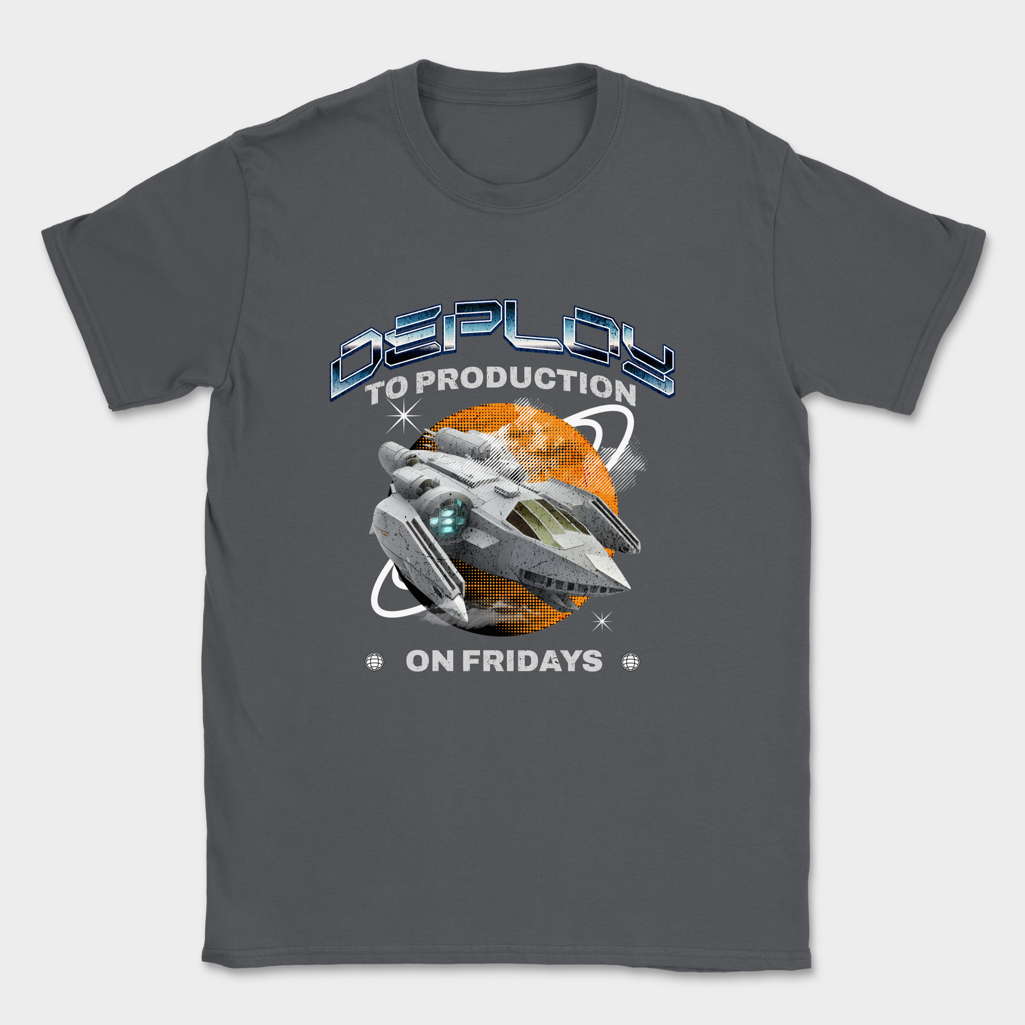 deploy to production spaceship shirt — Dark Heather Grey