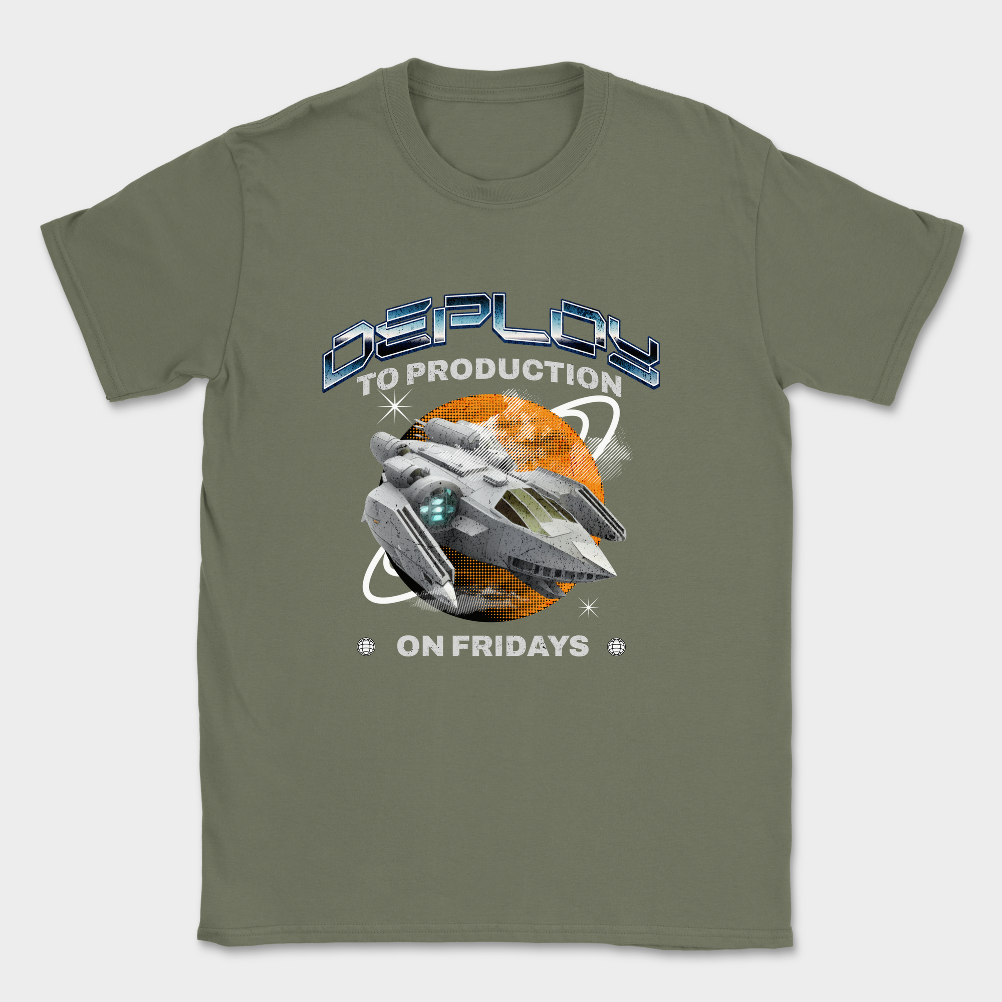deploy to production spaceship shirt — Military Green