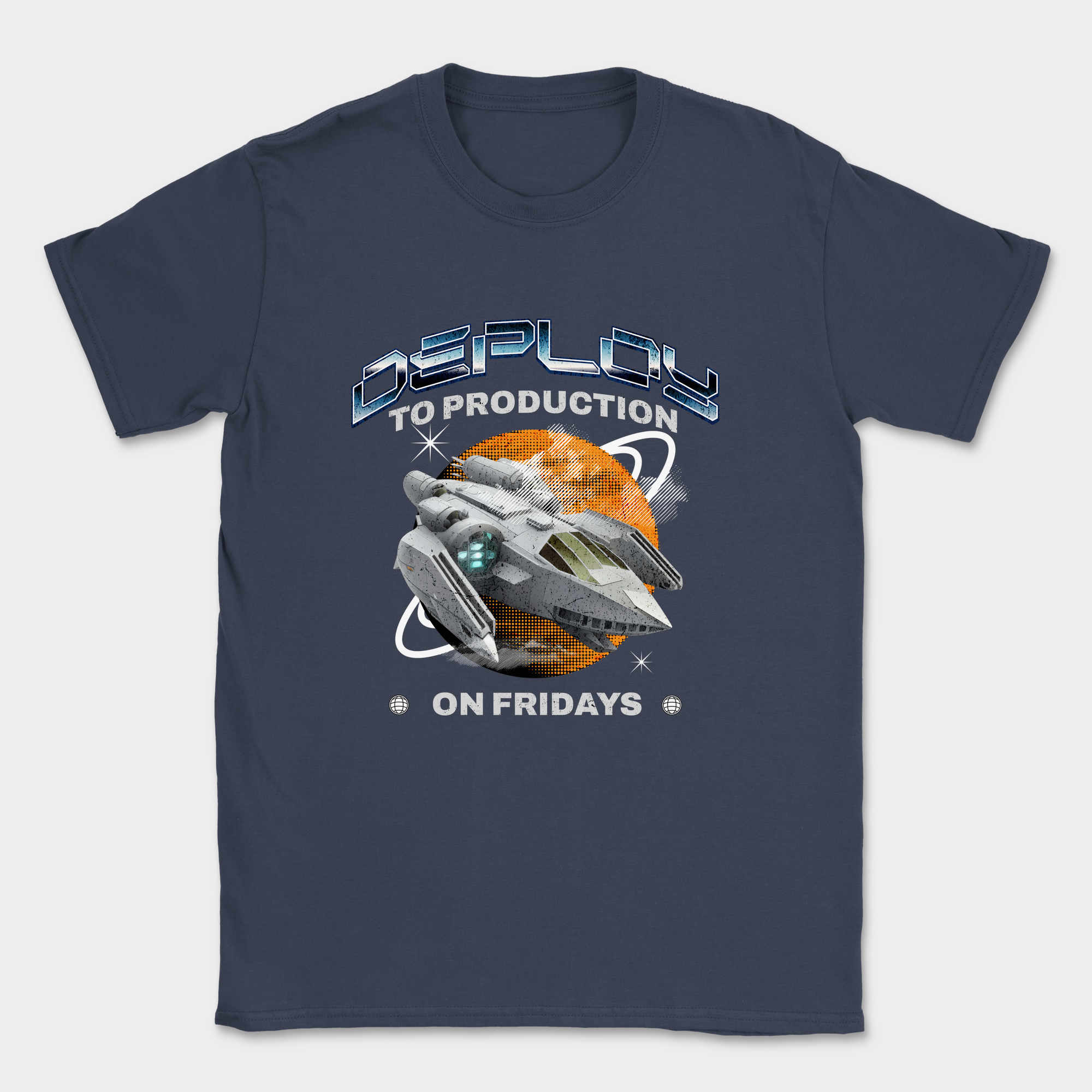 deploy to production spaceship shirt — Navy