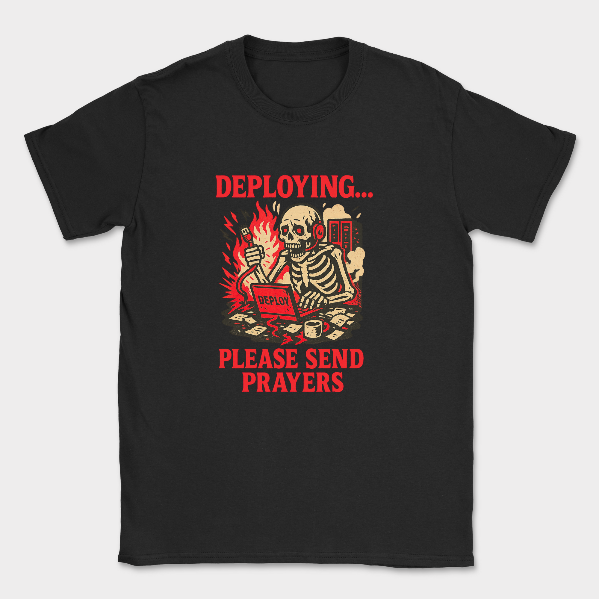 deploying… please send prayers skeleton shirt — Black