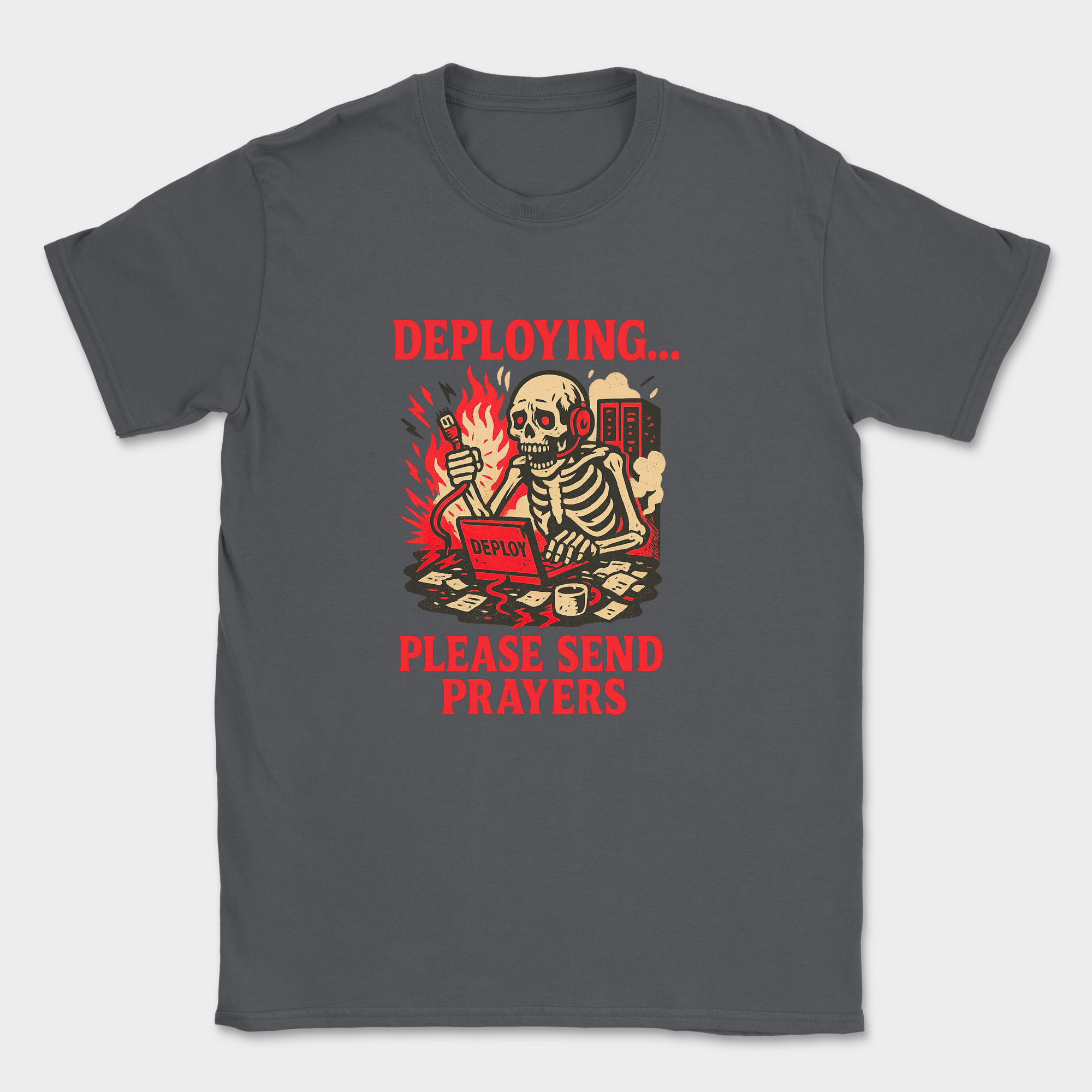 deploying… please send prayers skeleton shirt — Dark Heather Grey