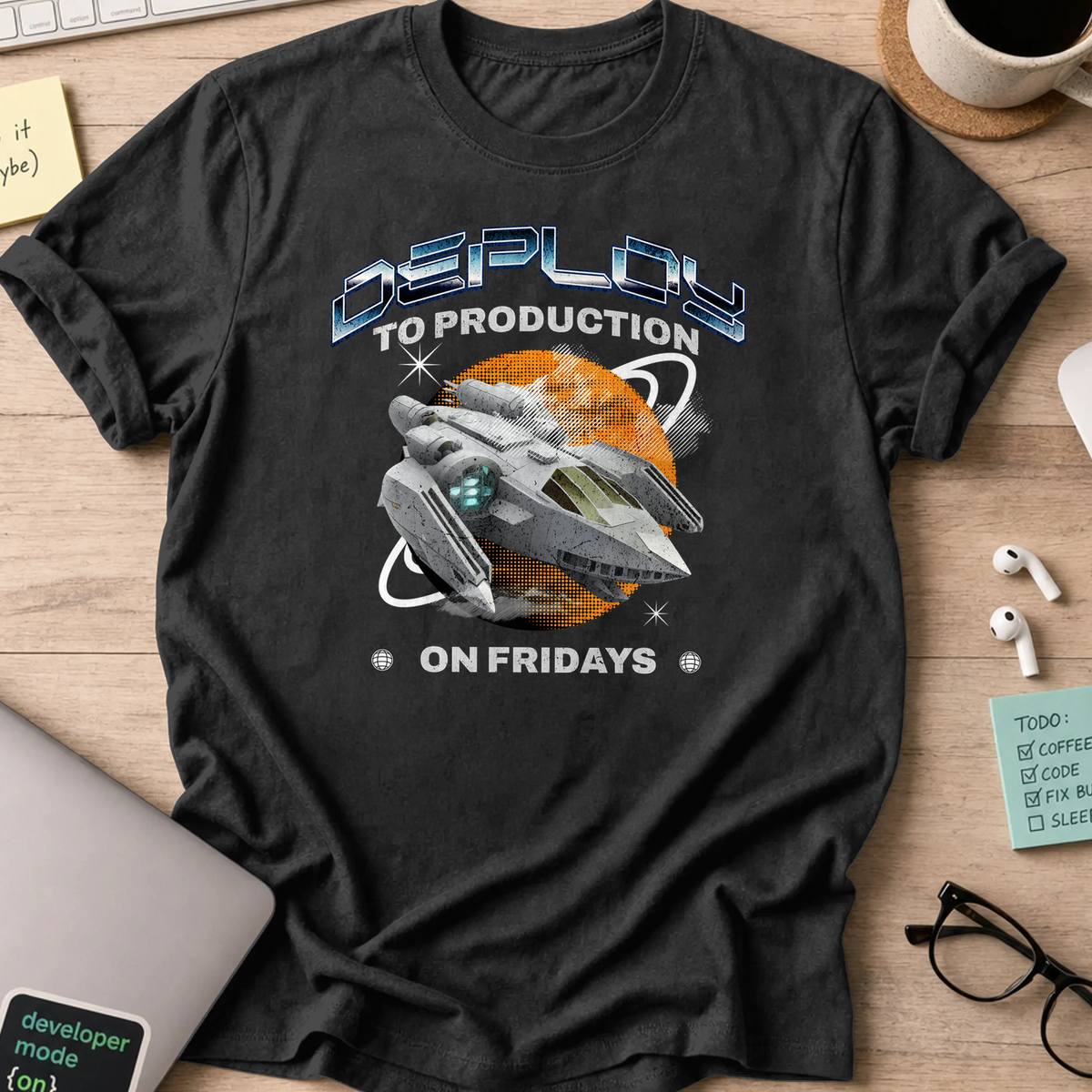 deploy to production spaceship shirt - Black