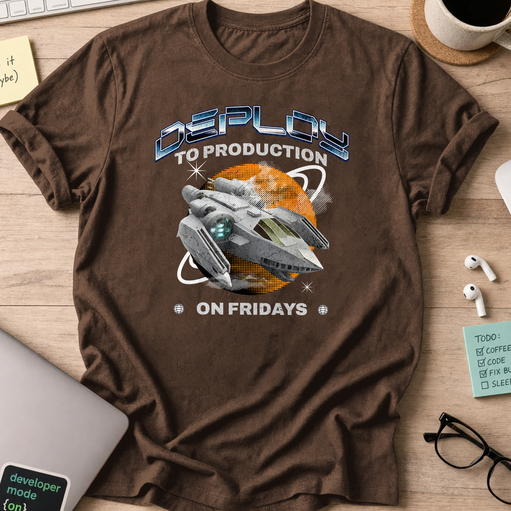 deploy to production spaceship shirt - Dark Chocolate