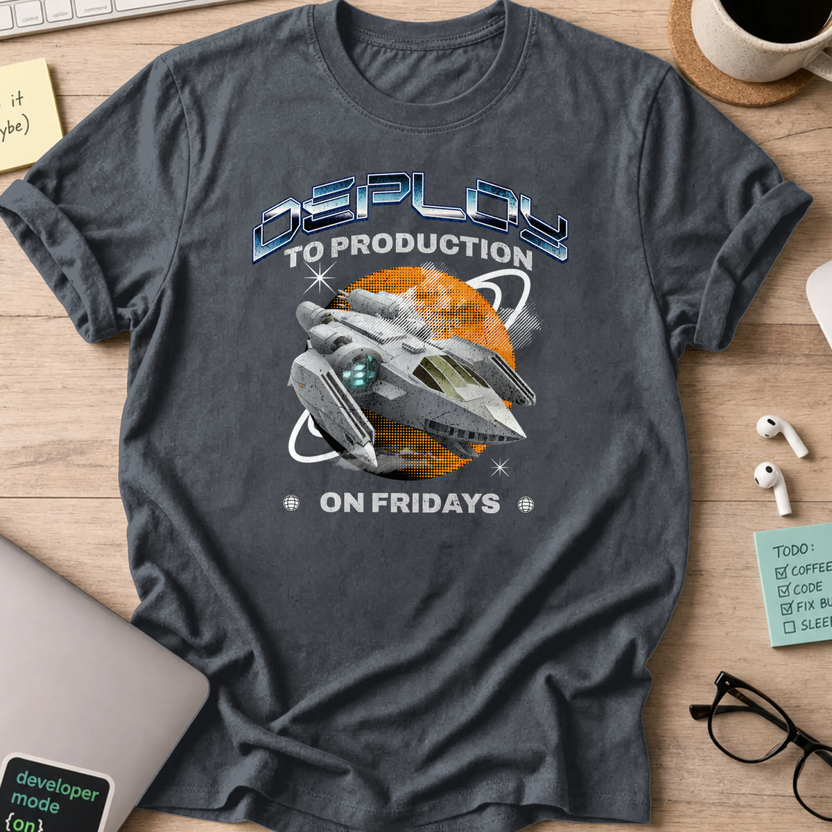 deploy to production spaceship shirt - Dark Heather